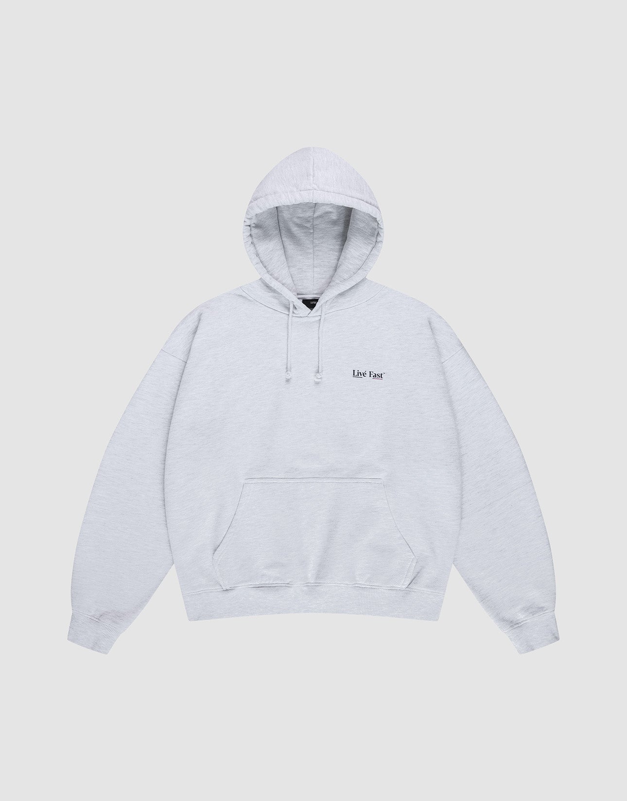 The Live Fast Paris Hooded by LIVE FAST DIE YOUNG is a light gray oversized hoodie with a front pocket, drawstrings, and small black "Use Fear" text on the left chest. Made from soft Baumwolle, it's shown laid flat on a plain white background.