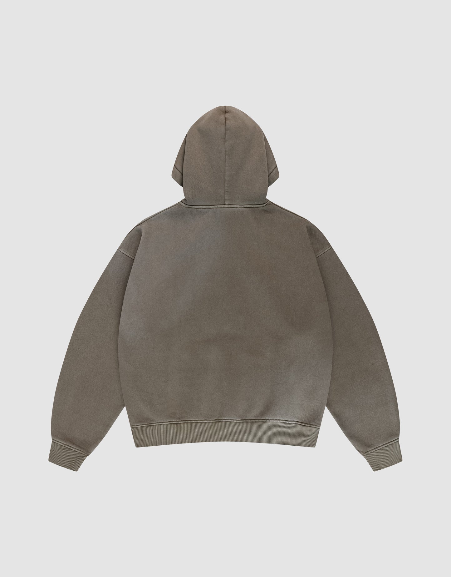 The Live Fast Rhinestone Hooded by LIVE FAST DIE YOUNG is shown flat, back side up, featuring long sleeves, a large hood, and a plain gray design with subtle vintage wash on a light background. No visible logos or designs are present.