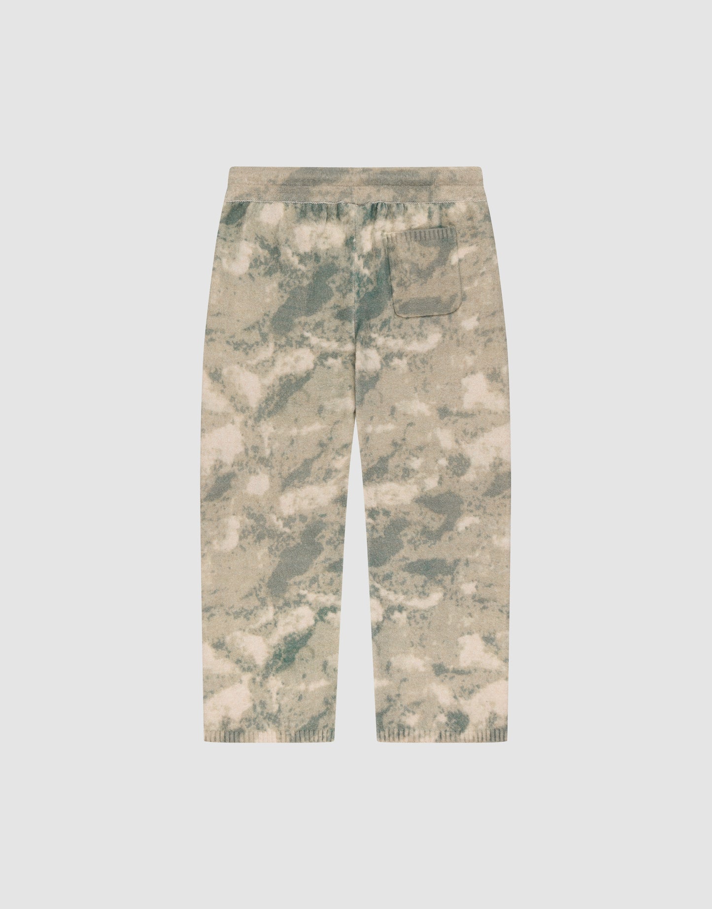 The Live Fast Boucle Pants by LIVE FAST DIE YOUNG feature a beige and green camouflage pattern, elastic waistband, straight leg, and a single back pocket, shown against a plain light background.