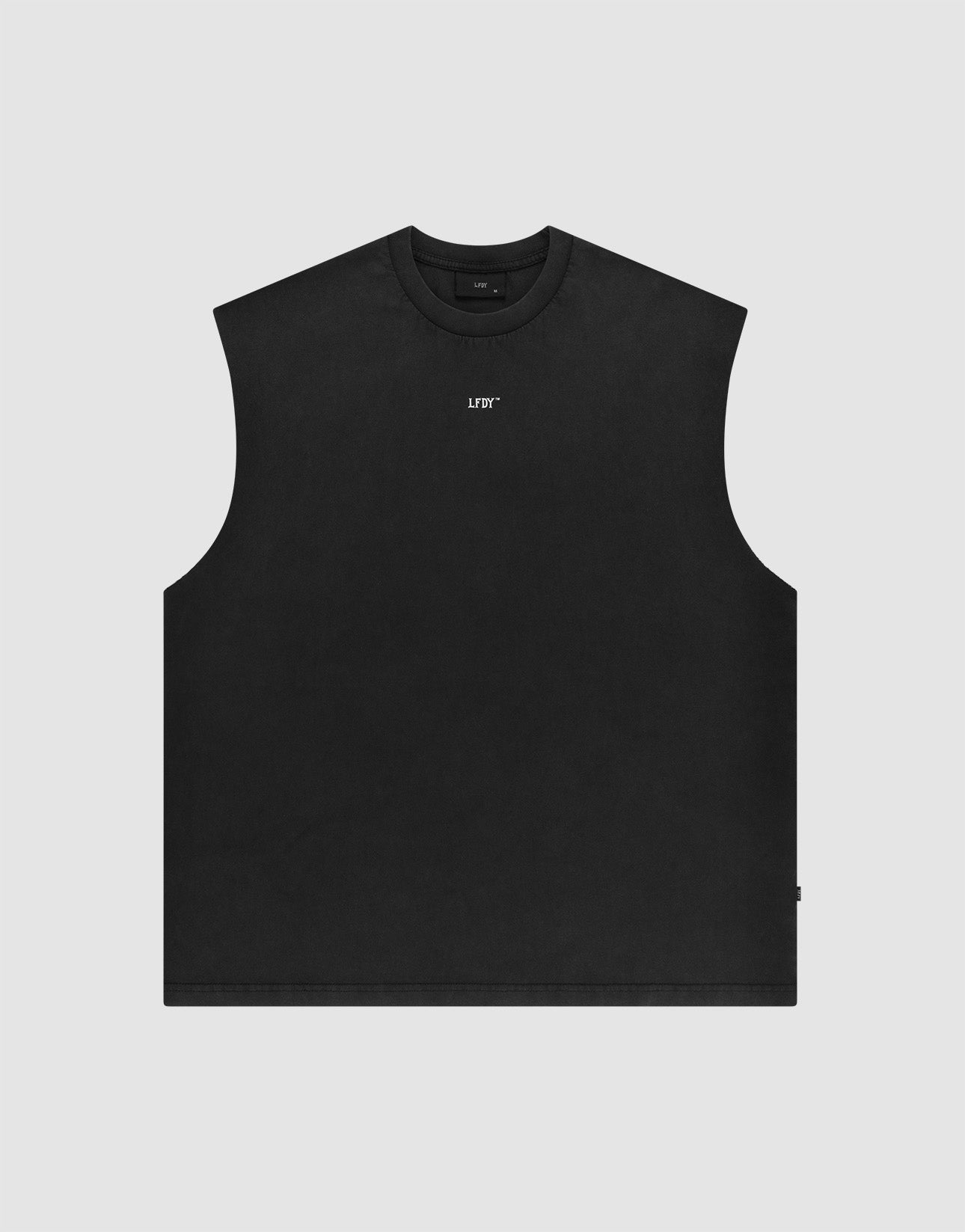 The LFDY Run Club Muscle Shirt by LIVE FAST DIE YOUNG is a sleeveless black crewneck with an Oversize Fit, shown flat on a light gray background and featuring a small white LIFW logo near the neckline.