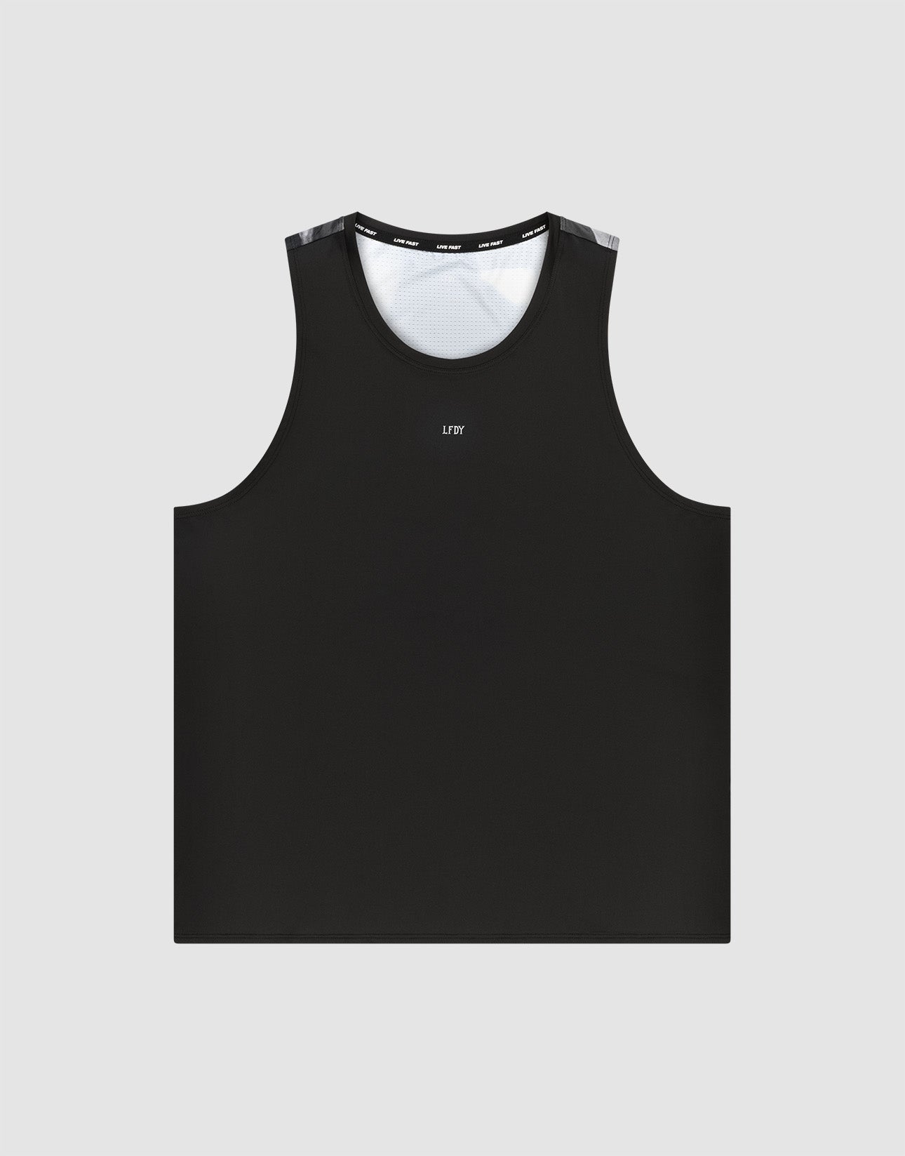The LFDY Performance Tank by LIVE FAST DIE YOUNG is a black, sleeveless, regular-fit crop top with a round neckline, white mesh shoulder lining, and small “LFV” text on the chest, shown on a plain light gray background.