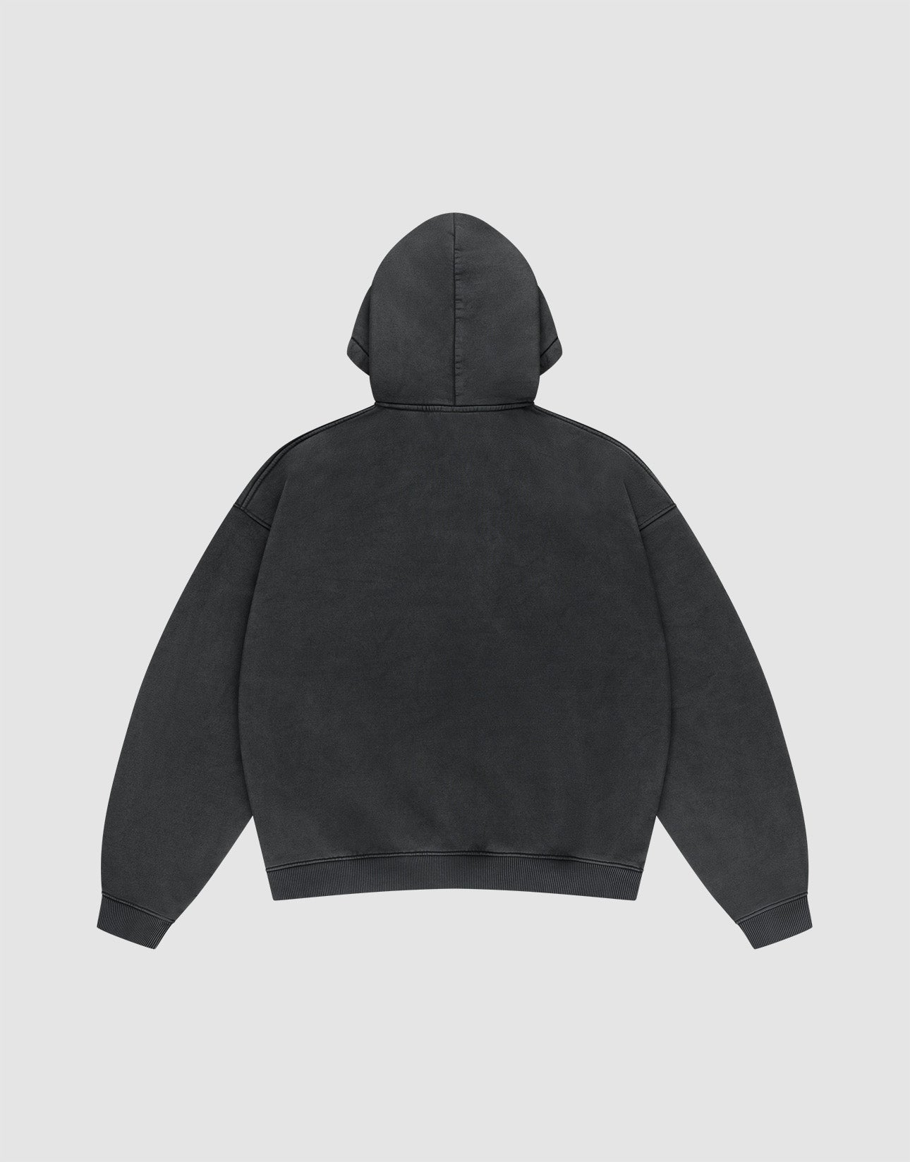 Back view of the LFDY 40 Hooded by LIVE FAST DIE YOUNG, a plain black oversize fit hoodie with long sleeves and kangaroo pocket, shown on a light gray background.