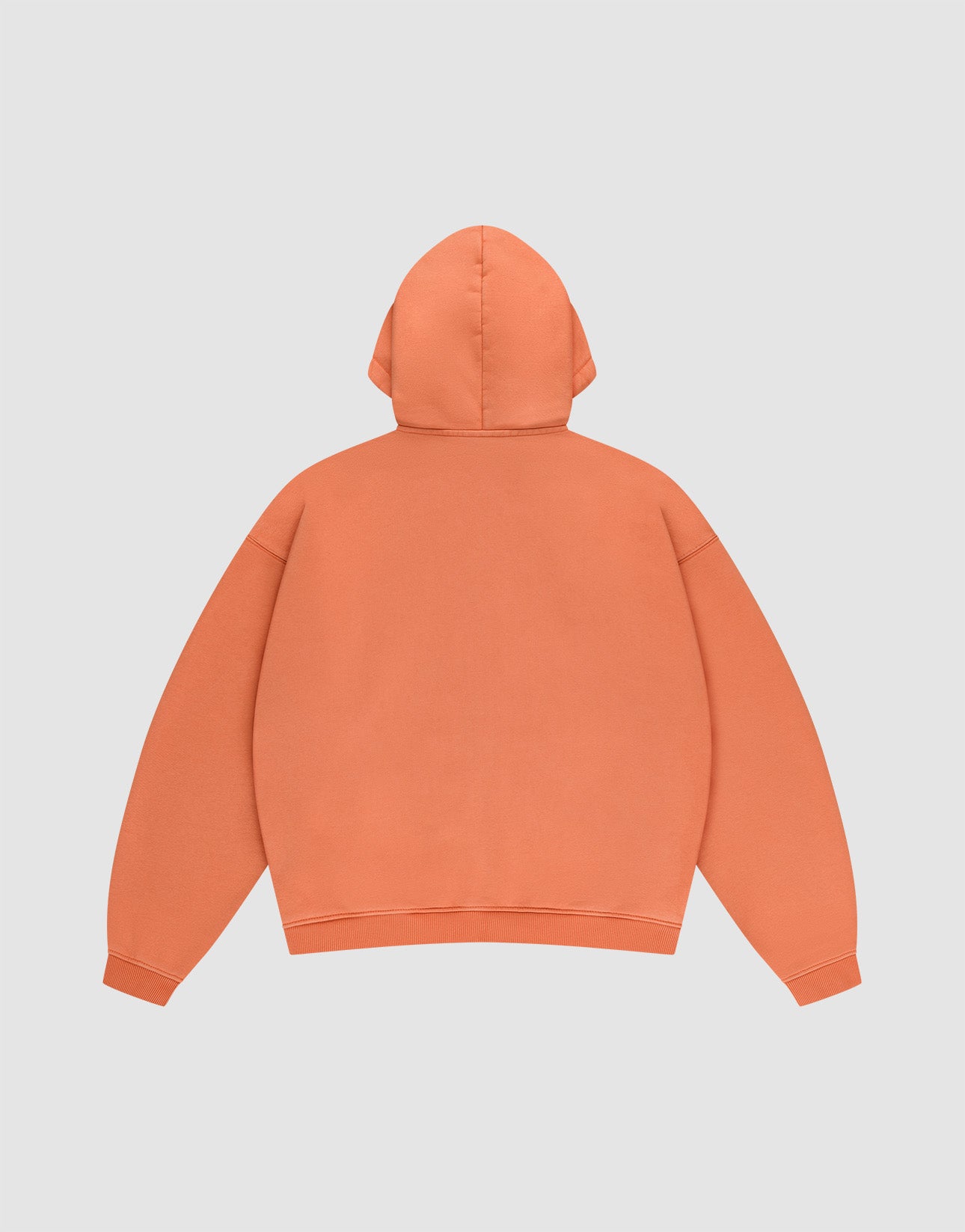 The LFDY 40 Hooded Zip by LIVE FAST DIE YOUNG is shown laid flat, back view, with the hood up and sleeves spread out, highlighting its plain orange color and oversized fit.