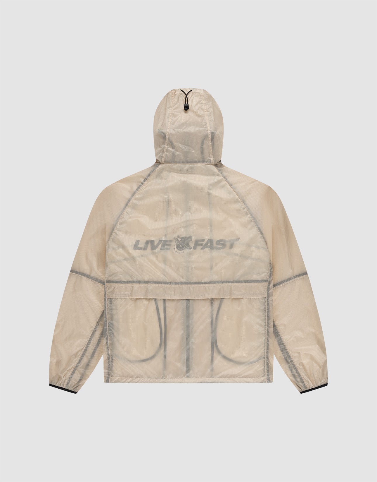 The Live Fast Nylon Jacket by LIVE FAST DIE YOUNG is a translucent beige nylon jacket with black trim, visible seams, bold gray "LIVE FAST" lettering, reflective front and back print, and transparent outer fabric.