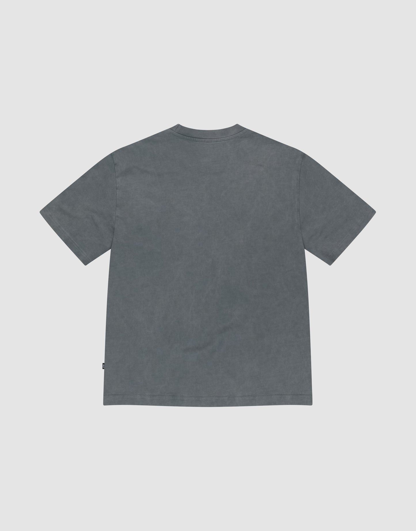 The LIVE FAST DIE YOUNG Basic +49 Tee, a faded gray oversize-fit short-sleeve t-shirt, is laid flat on a light gray background and shown from the back.
