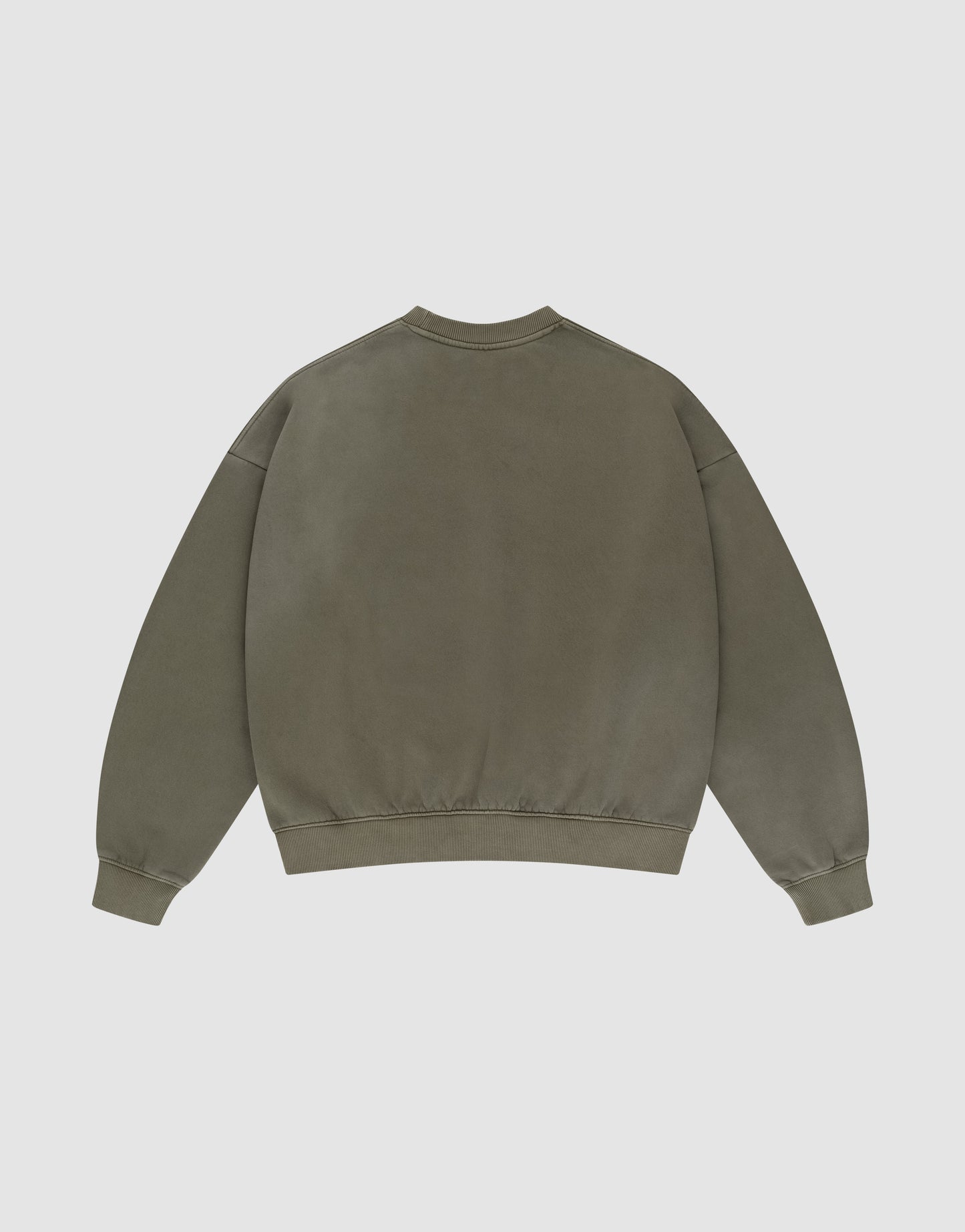 The Basic Chest Sweater by LIVE FAST DIE YOUNG, in olive green with a faded look, features long sleeves, ribbed cuffs and waistband. Shown from the back laid flat on a white background.
