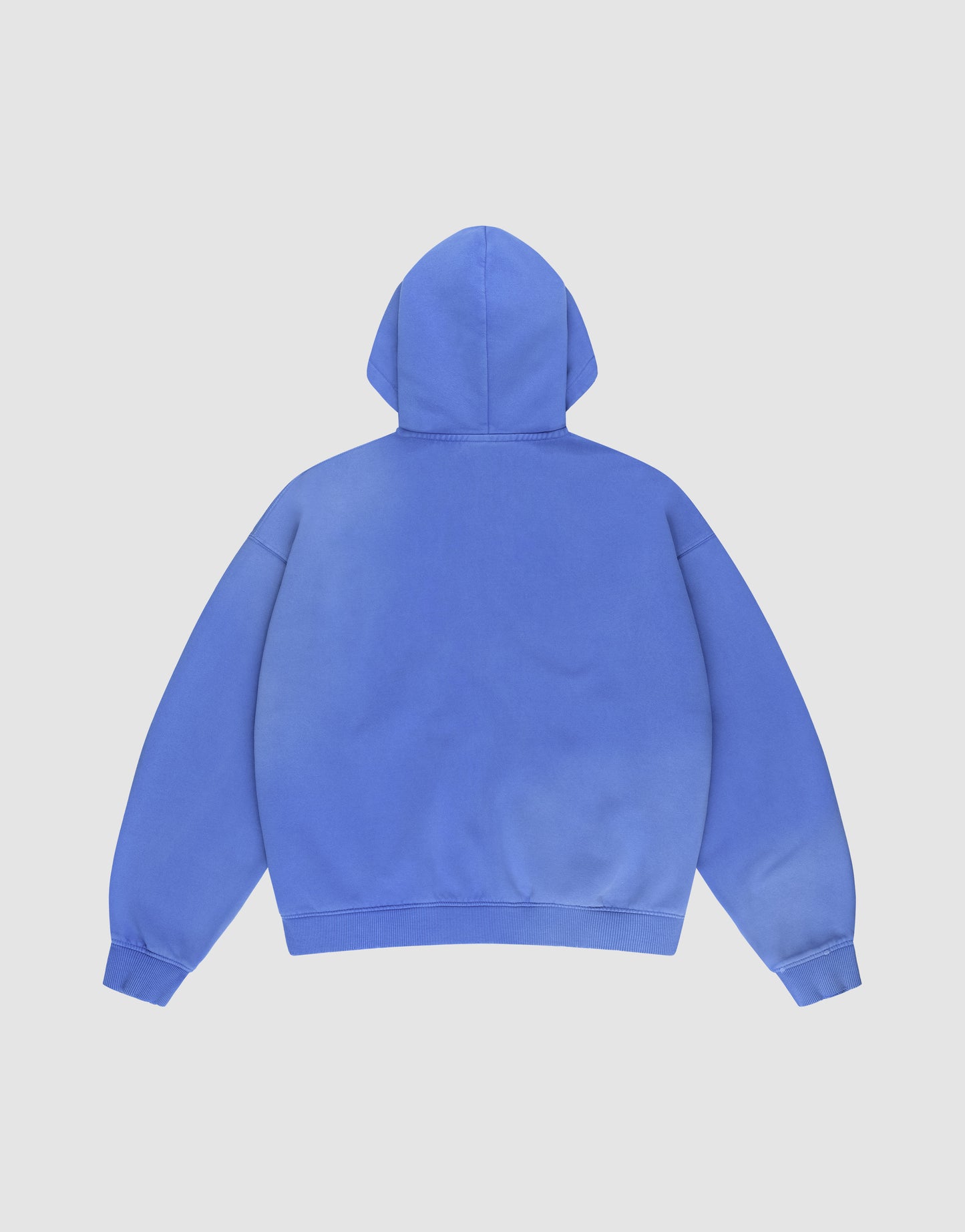 The LIVE FAST DIE YOUNG Basic Hooded Zip is shown from the back in solid blue with an oversize fit, long sleeves, ribbed cuffs, and a relaxed feel, set against a light gray background.