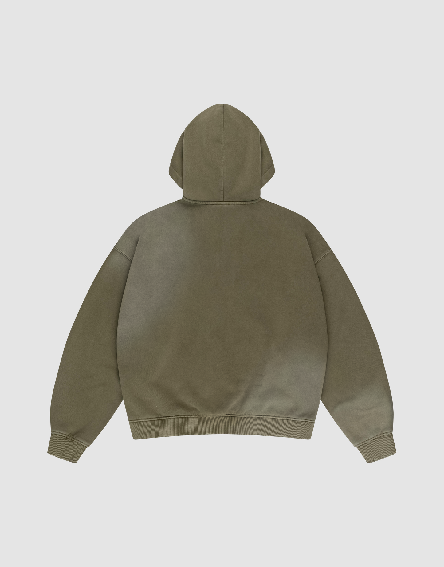 The LIVE FAST DIE YOUNG Basic Hooded Zip is shown in olive green, laid flat to display its oversized fit, long sleeves, hood, and minimalist design from the back against a white background.