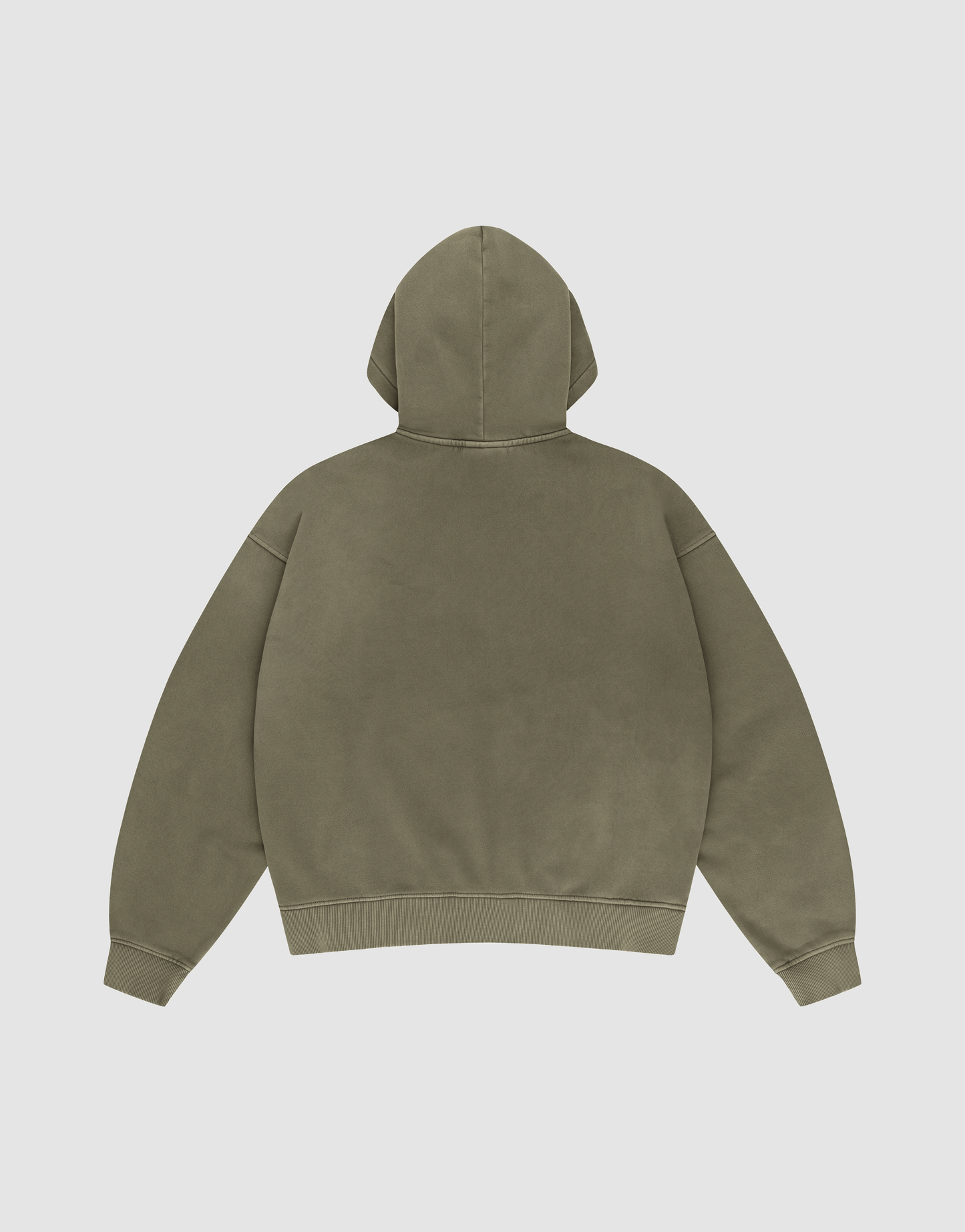 The LIVE FAST DIE YOUNG Basic +49 Hooded sweatshirt in olive green is shown from the back on a light gray background, featuring long sleeves and an oversize, relaxed fit with no visible logos or designs.