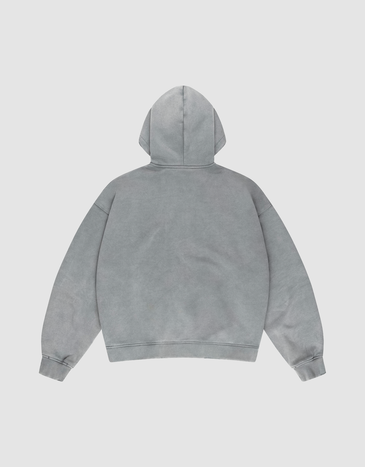 The LIVE FAST DIE YOUNG Basic Hooded Zip, an oversized light gray hoodie, is displayed on a flat white background from the back, with the hood up and sleeves slightly spread.