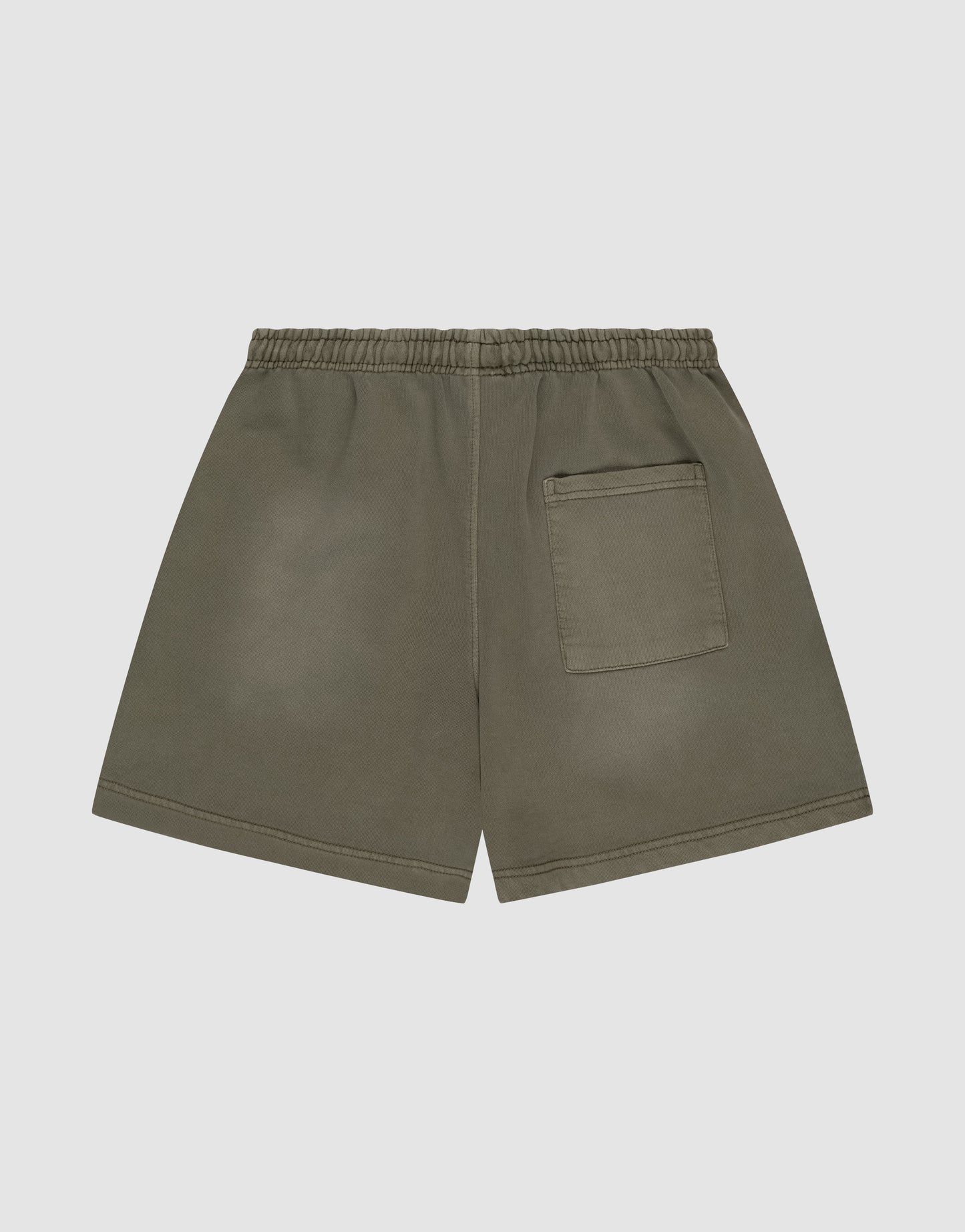 LIVE FAST DIE YOUNG Basic Sweat Shorts in olive green, featuring a faded finish, elastic waistband, and a single back patch pocket, shown against a plain light gray background.