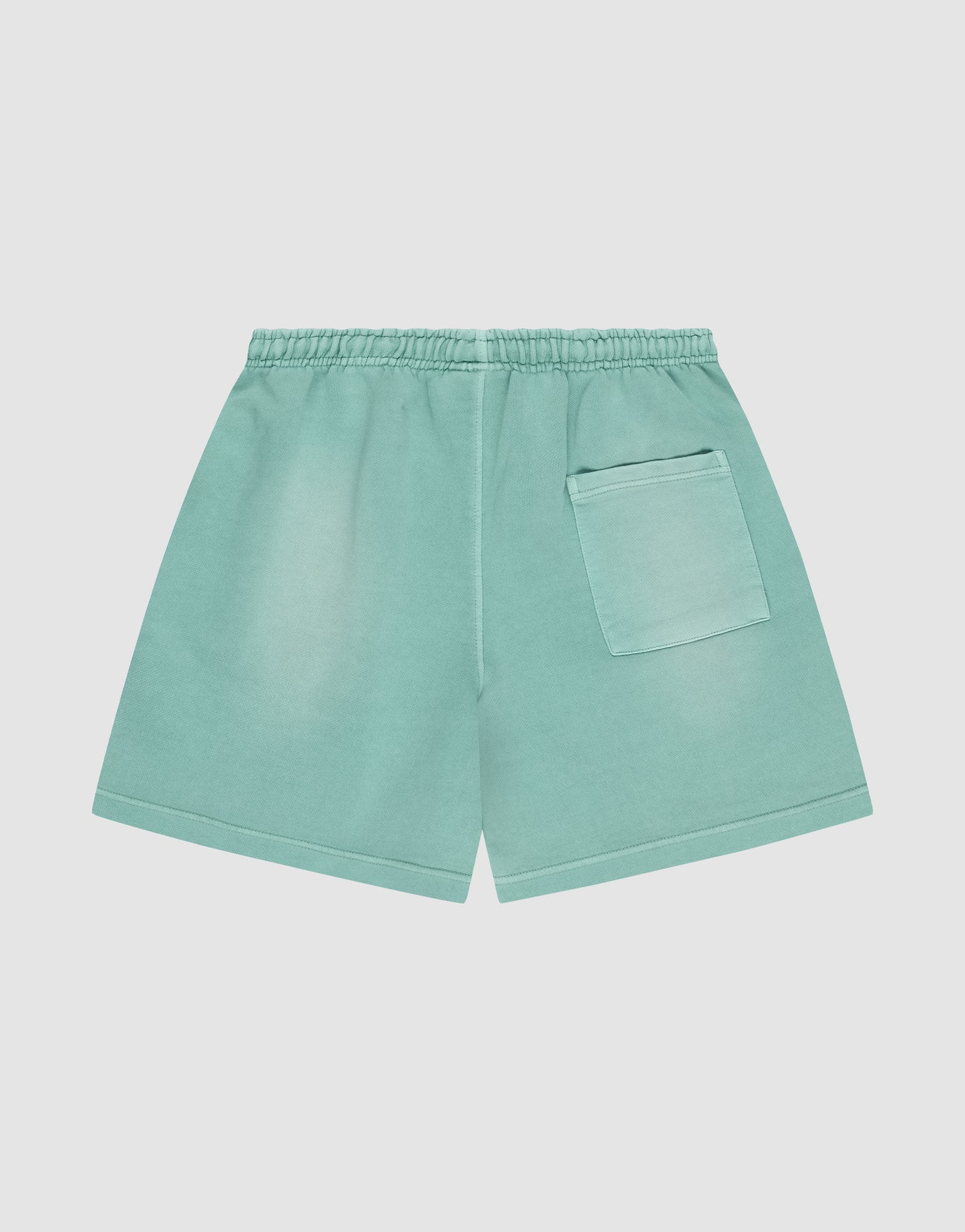 The LIVE FAST DIE YOUNG Basic Sweat Shorts in light teal feature an oversized fit, elastic waistband, and a single back right patch pocket, shown against a plain white background.