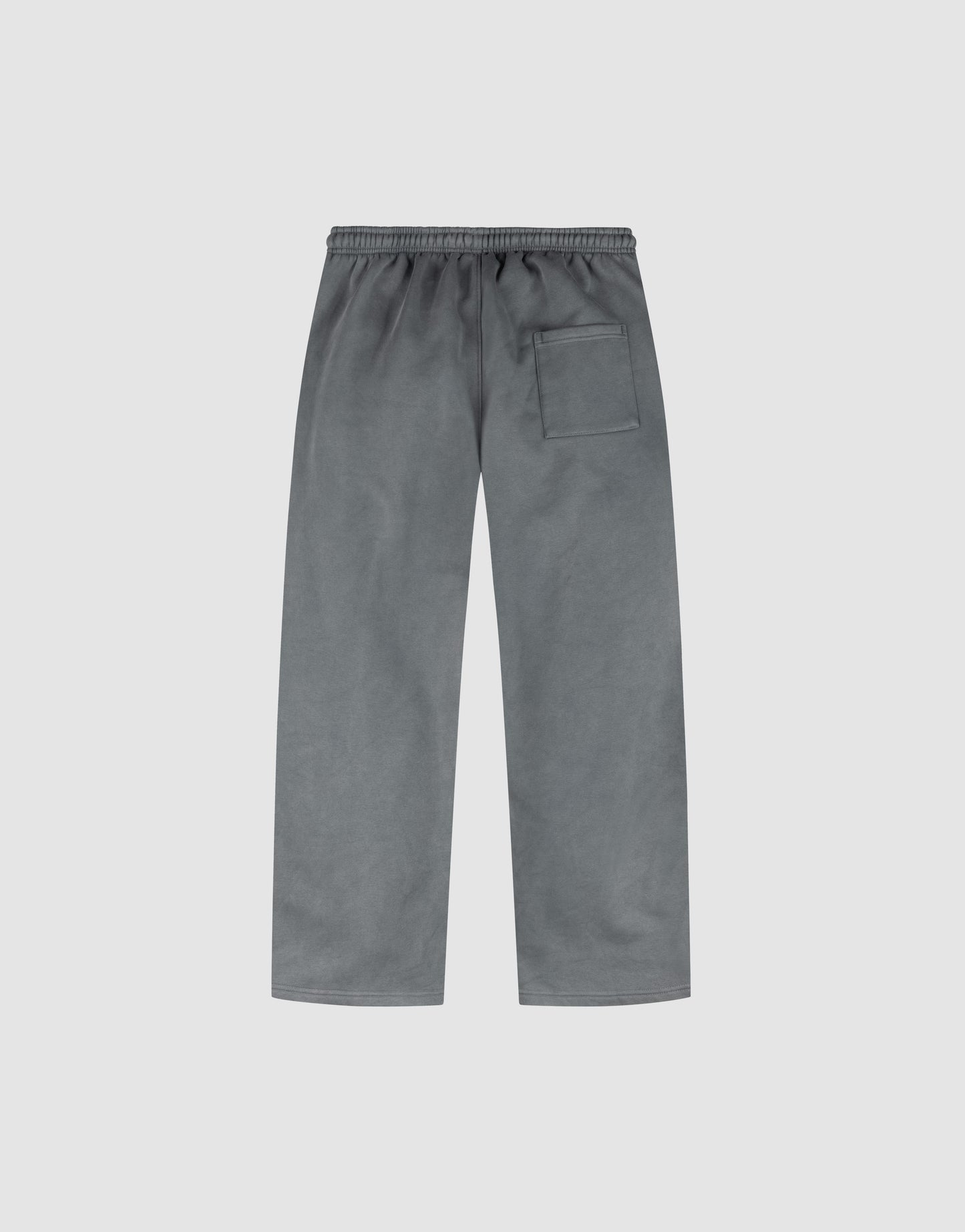 The LIVE FAST DIE YOUNG Basic Wide Jogger features a gray, wide-fit straight-leg design with an elastic waistband and a single back pocket, displayed flat on a plain light gray background.