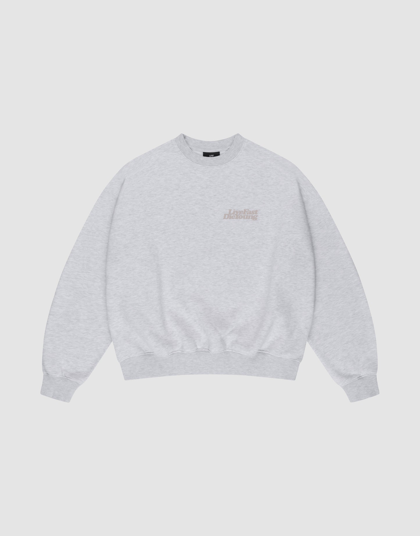 The Basic Melange Sweater by LIVE FAST DIE YOUNG in light gray features an oversize fit, subtle front and back prints on the left chest, ribbed cuffs, collar, and hem. Crafted from soft cotton for comfort. Displayed flat on a white background.