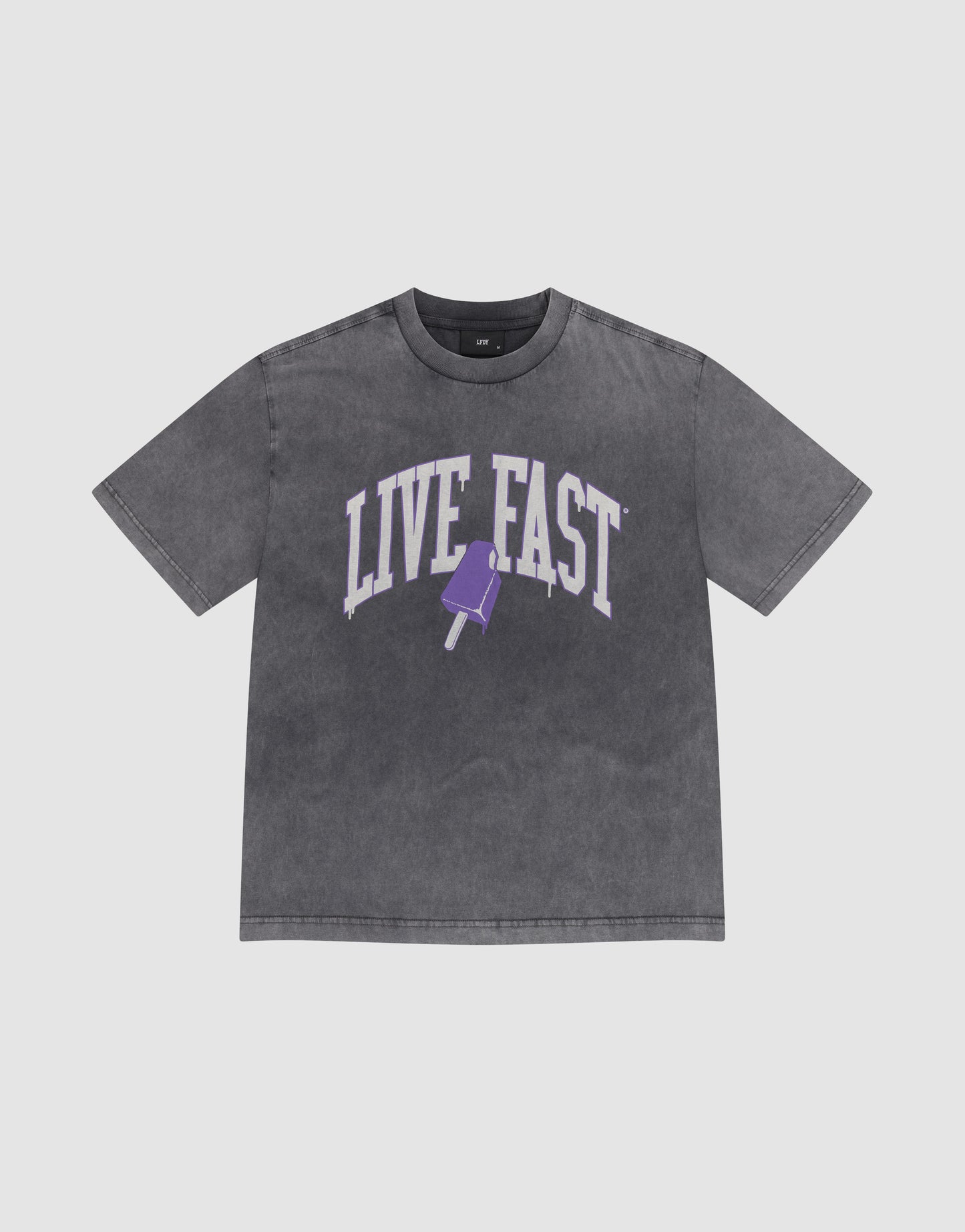 The Live Fast Ice Tee by LIVE FAST DIE YOUNG is an oversized, faded black t-shirt with bold purple and white "LIVE FAST" text and a small purple popsicle graphic, made from 100% Baumwolle for comfort and style.