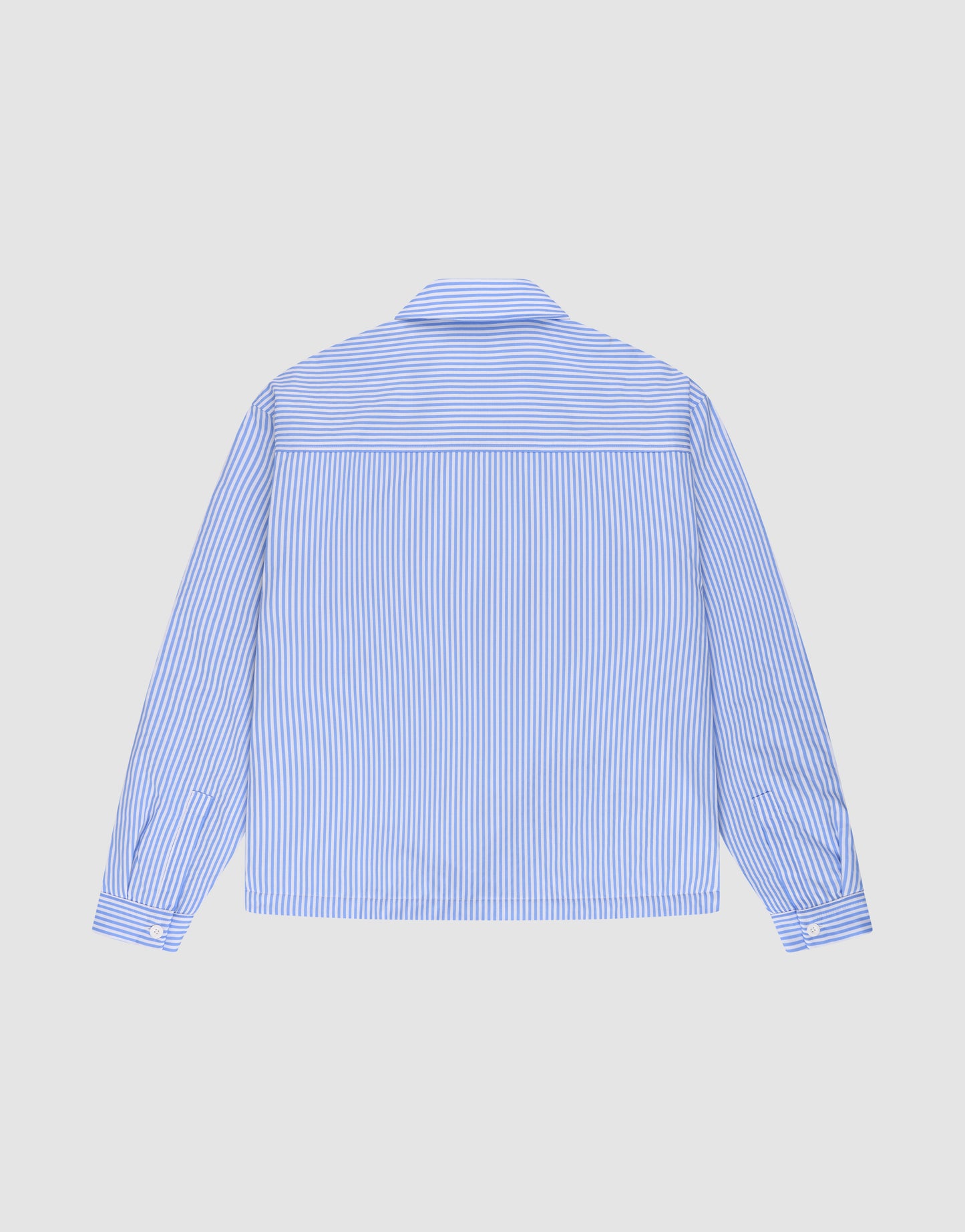 The LFDY Striped Padded Shirt by LIVE FAST DIE YOUNG features blue and white vertical stripes, long sleeves, classic Brusttaschen, and is shown from the back on a plain light gray background.