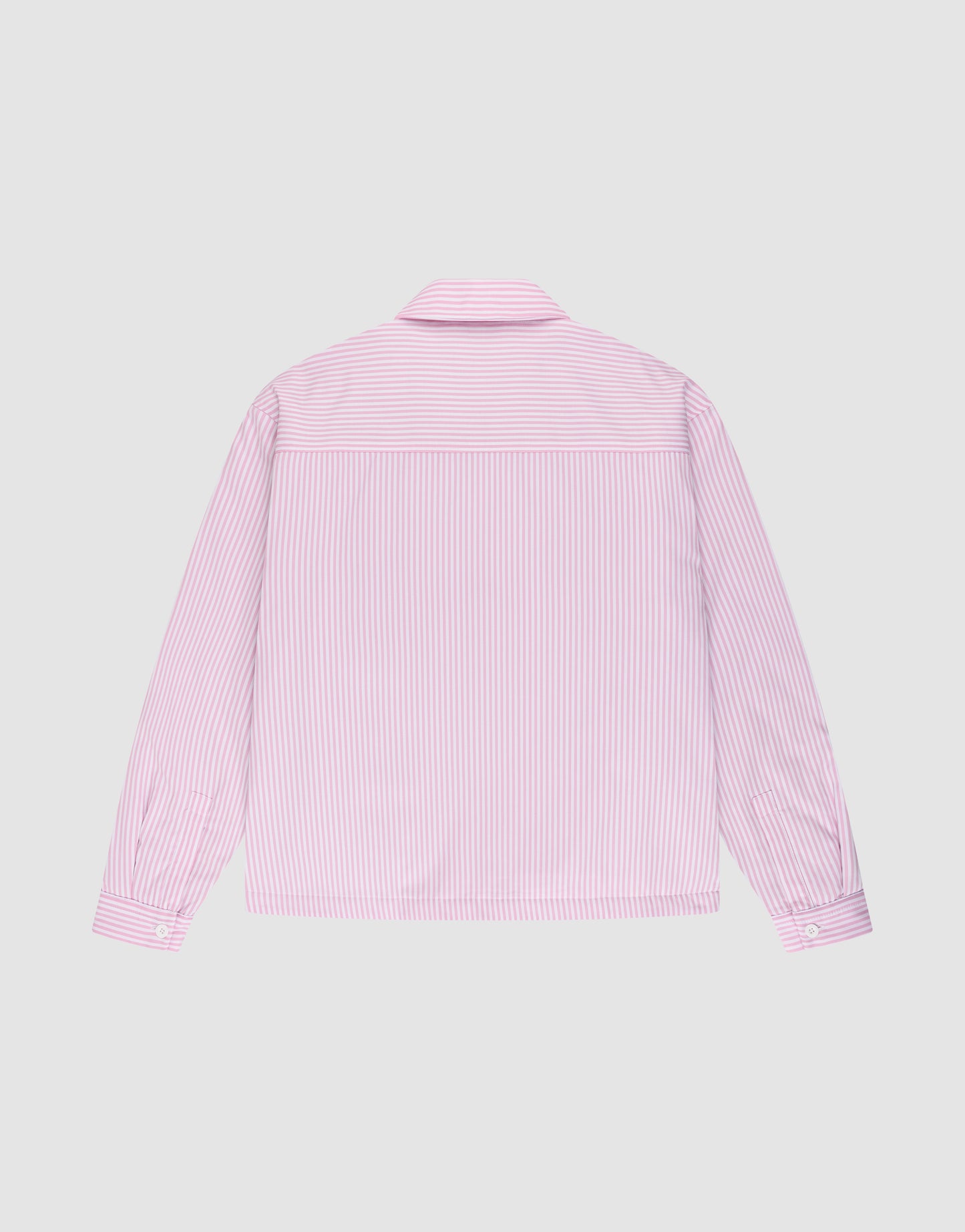 The LFDY Striped Padded Shirt by LIVE FAST DIE YOUNG is an oversized, long-sleeve button-up with a classic collar and thin pink and white stripes, shown from the back against a plain light background.