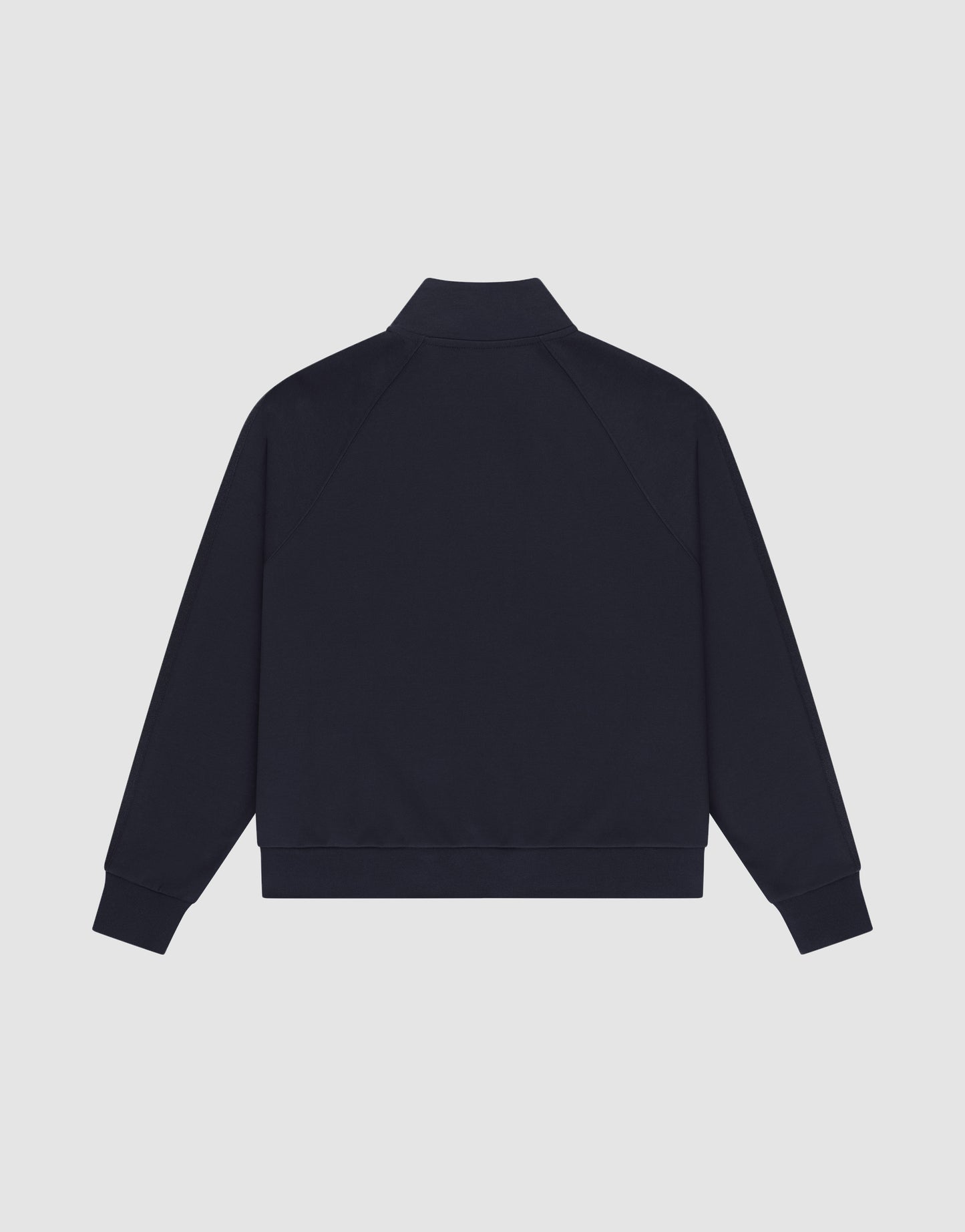 The LFDY Striped Track Jacket by LIVE FAST DIE YOUNG is shown from the back, featuring raglan sleeves, a collar, ribbed cuffs and waistband, zipped side pockets, and a minimalistic design on a light background.