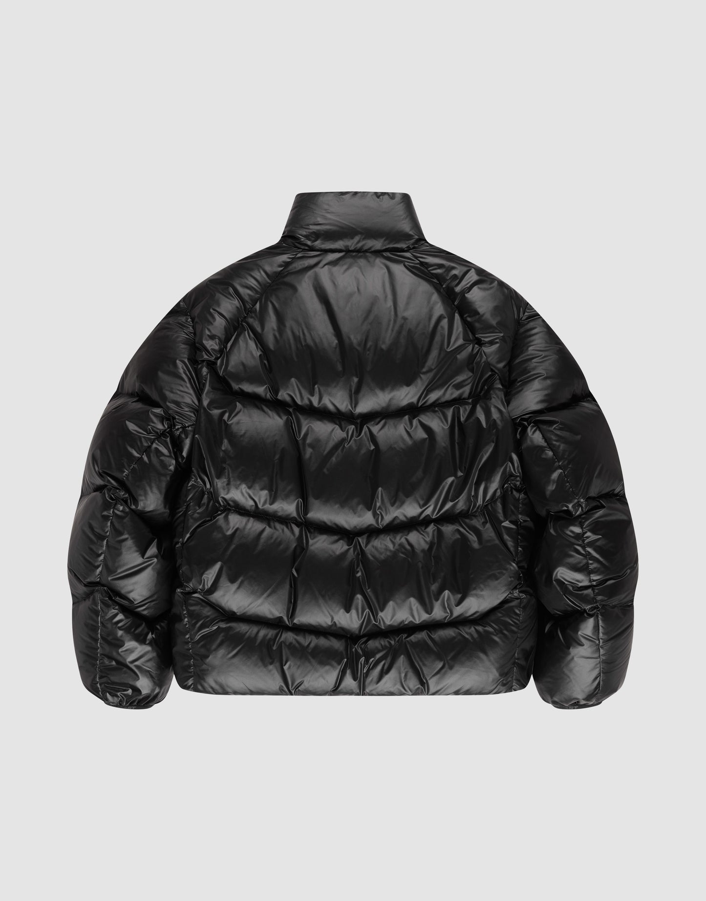 The Live Fast Down Jacket by LIVE FAST DIE YOUNG is a shiny black oversized design with 600er Fillpower, shown from the back against a plain light gray background, featuring a high collar and quilted sections.