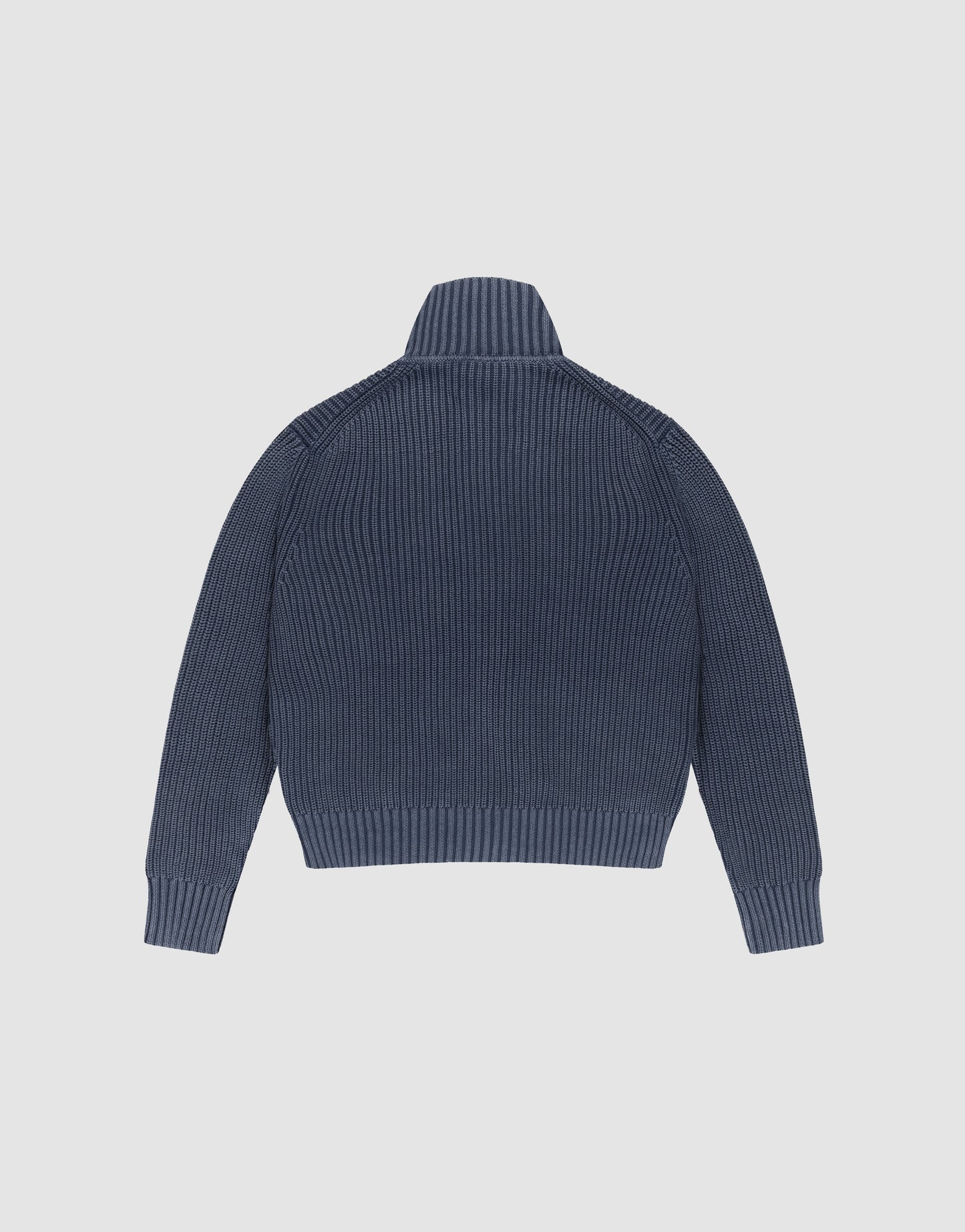 The LFDY Knit Jacket by LIVE FAST DIE YOUNG is a blue ribbed knit sweater made from soft Baumwolle, with a Stehkragen, long sleeves, and a slightly cropped hem, shown flat with the back facing up on a light background.