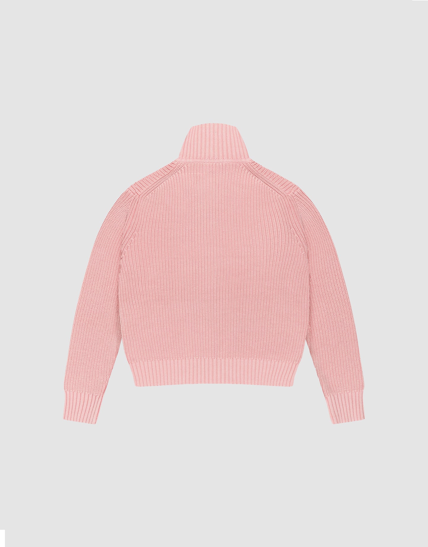 The LFDY Knit Jacket by LIVE FAST DIE YOUNG is a light pink ribbed knit sweater in Regular Fit with long sleeves and a high Stehkragen, shown flat with its back facing up on a plain gray background.