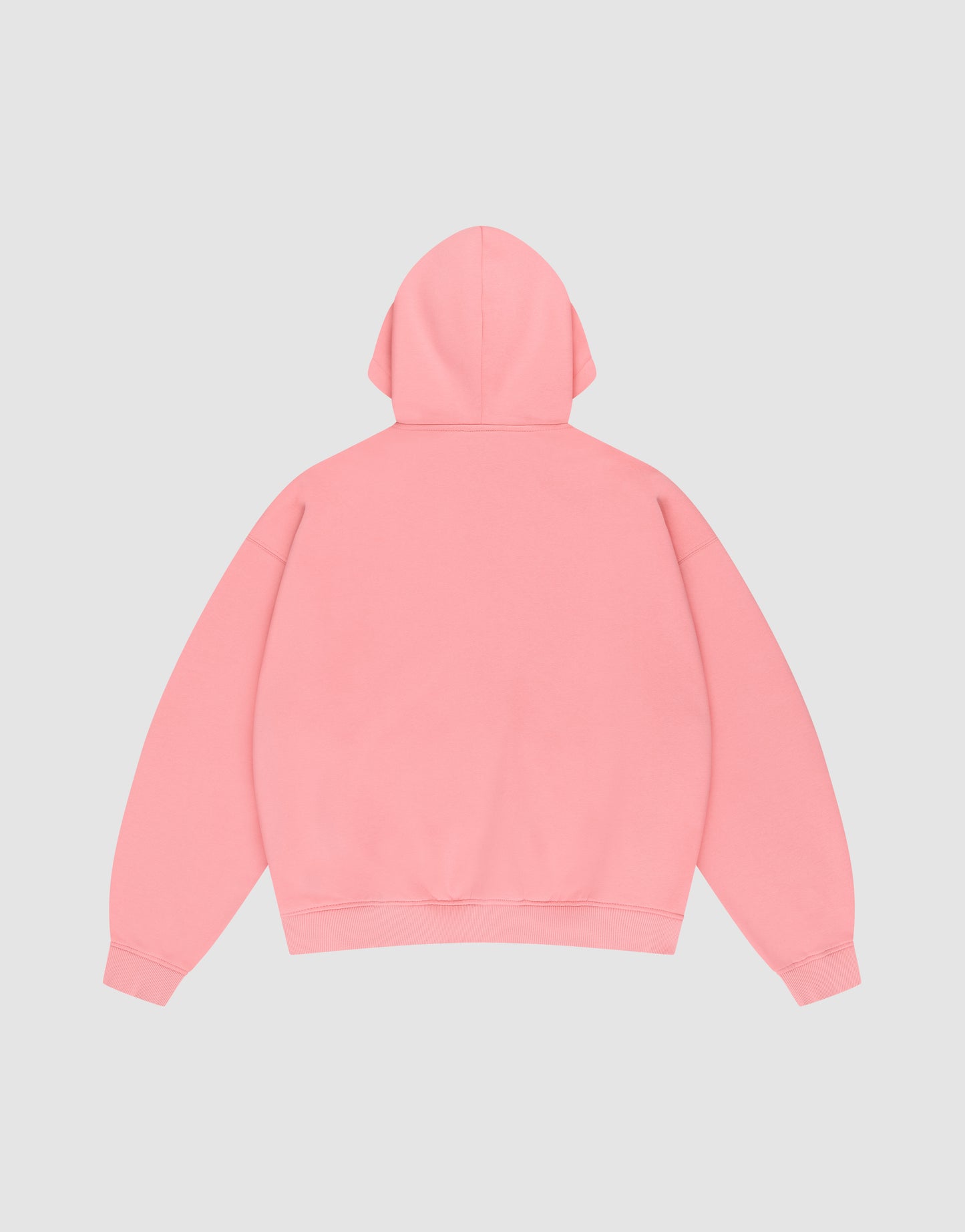 A plain pink LIVE FAST DIE YOUNG Basic Hooded Zip with an oversize fit is laid flat on a light gray background, shown from the back with the hood up and sleeves spread.