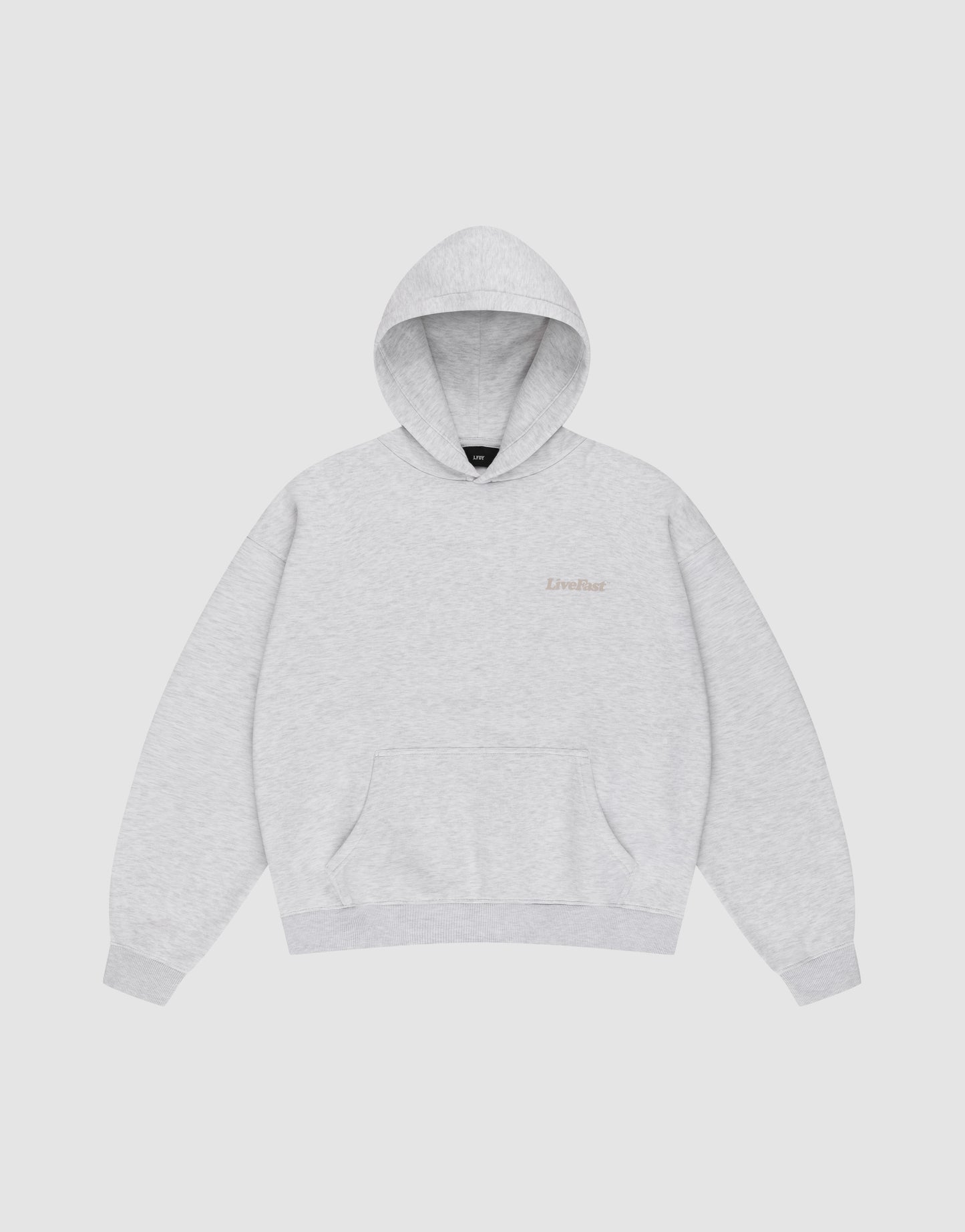 The LIVE FAST DIE YOUNG Basic 360 Hooded is a light gray Oversize Fit sweatshirt with a front pocket and subtle Livefast text on the left chest, made from soft Baumwolle and shown on a plain white background.