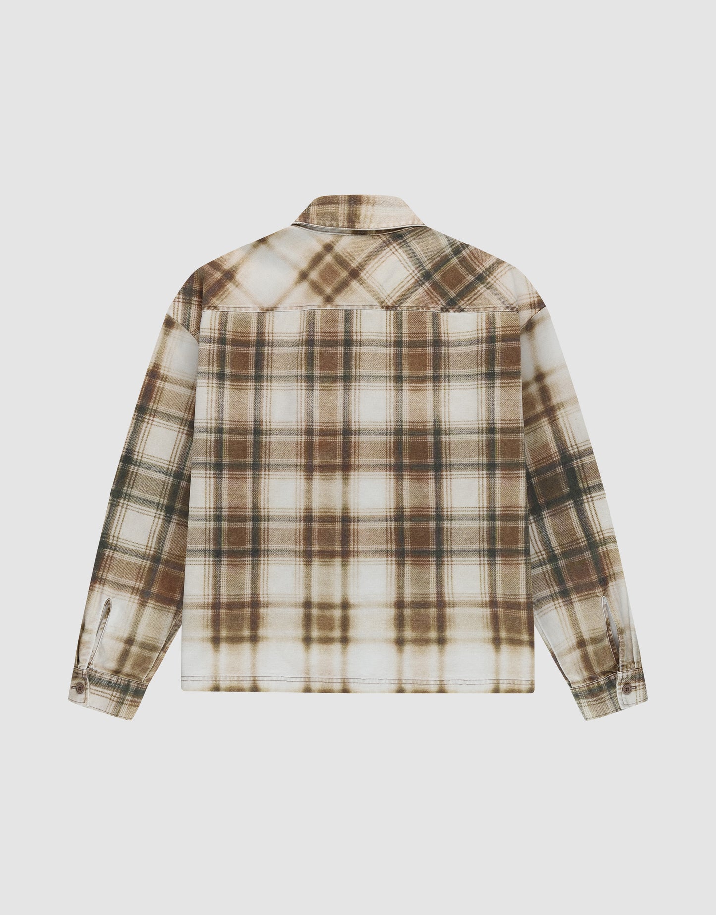 Back view of the LIVE FAST DIE YOUNG Faded Flannel, an oversize fit shirt made from cotton with a brown, beige, and white plaid pattern, shown against a plain white background.