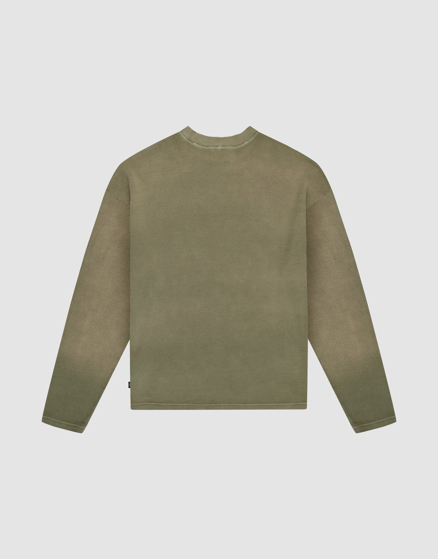 The LFDY Rib Knit Longsleeve by LIVE FAST DIE YOUNG is shown from the back, laid flat on a light gray background. In olive green with an Oversize Fit, it features 100% Baumwolle and an individuellen Wasch-Effekt for a unique look.