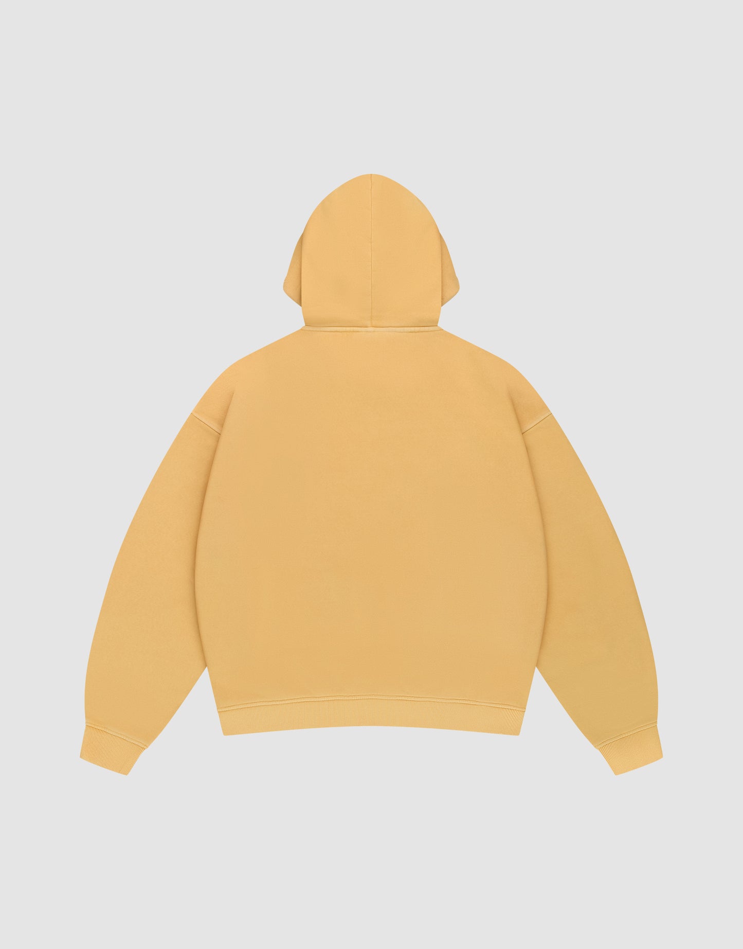 The LFDY Corp. Hooded by LIVE FAST DIE YOUNG is shown from the back in plain yellow, featuring an oversize fit, long sleeves, and a clean design with no visible logos or graphics, set against a light gray background.