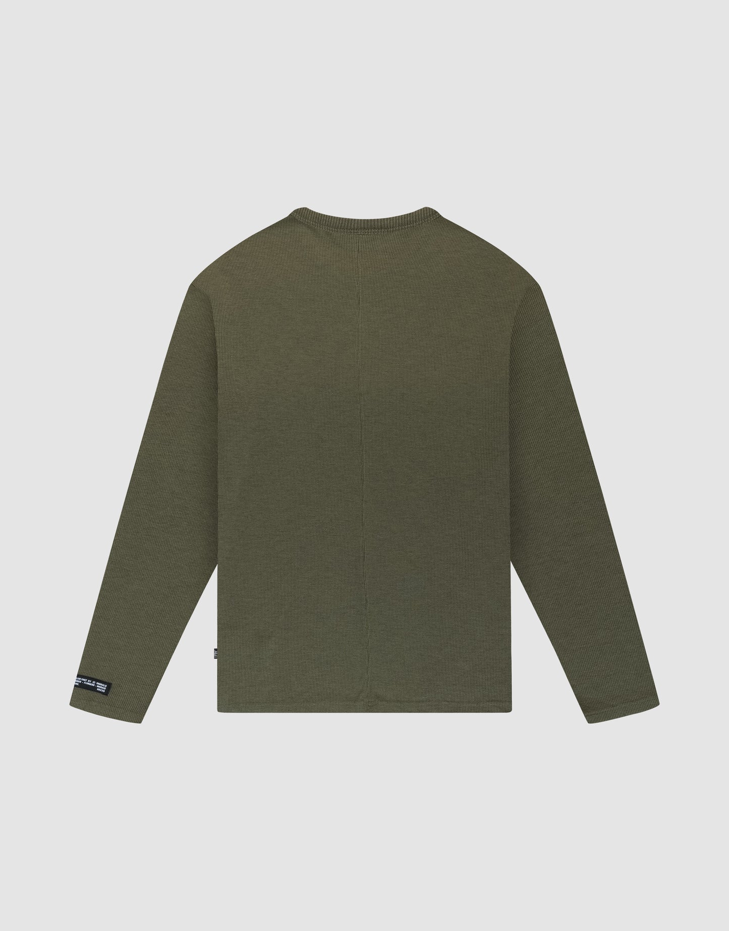 The LFDY Rib Longsleeve by LIVE FAST DIE YOUNG is shown flat, back up, on a light gray background. This olive green oversize shirt has long sleeves and a small black web-label tag on the left cuff.
