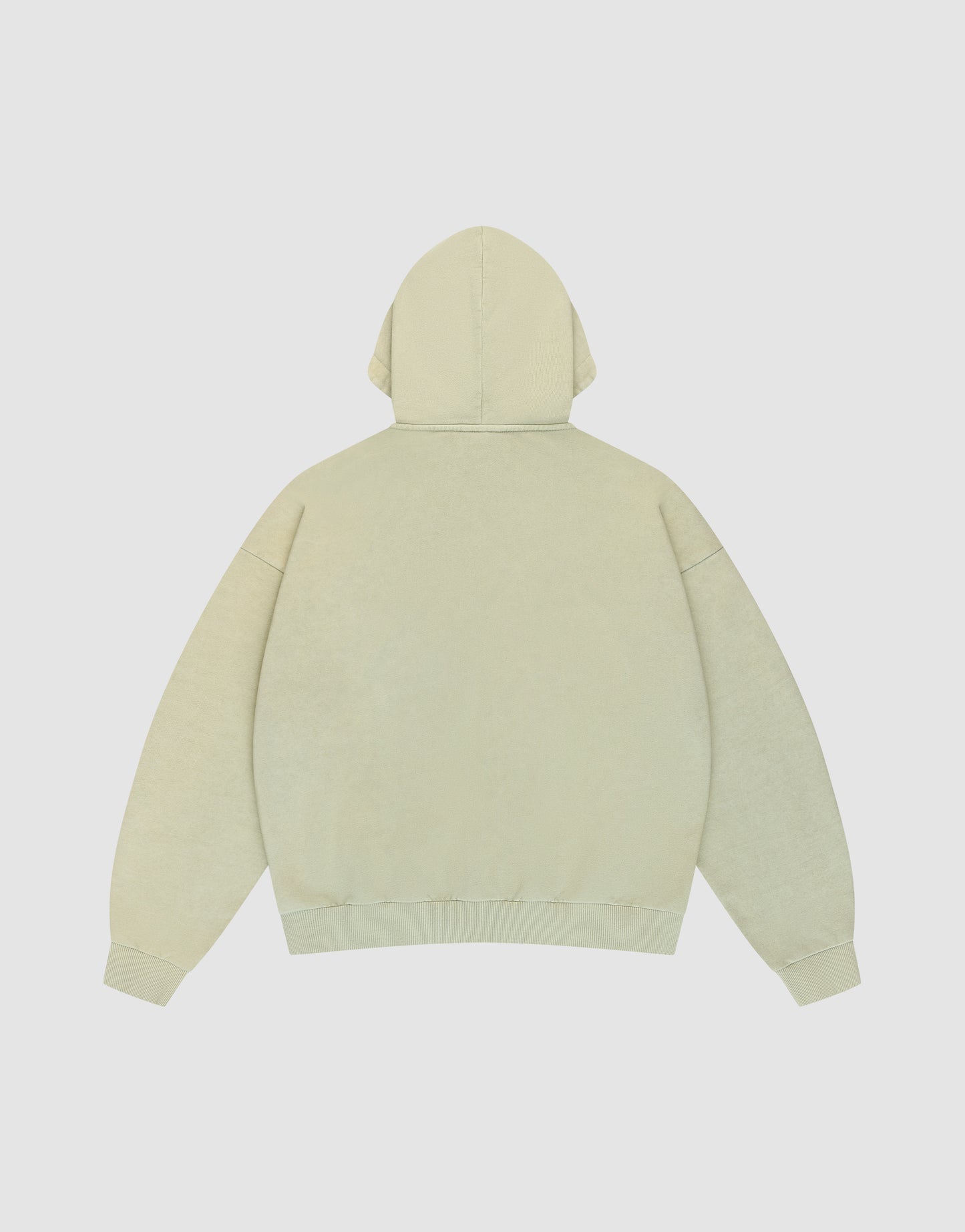 The LFDY District Hooded Zip by LIVE FAST DIE YOUNG is shown from the back against a white background, featuring an oversized fit, relaxed style, and long sleeves with ribbed cuffs and hem in light beige.