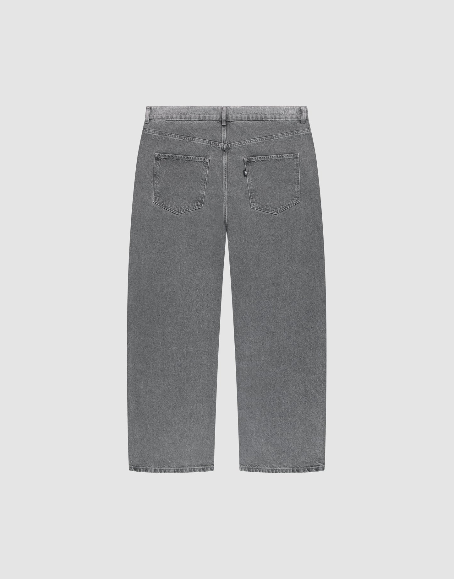 Back view of LIVE FAST DIE YOUNG LFDY Baggy Denim in gray, featuring gerades Bein, two rear pockets, and made from 100% Baumwolle, displayed against a plain white background.