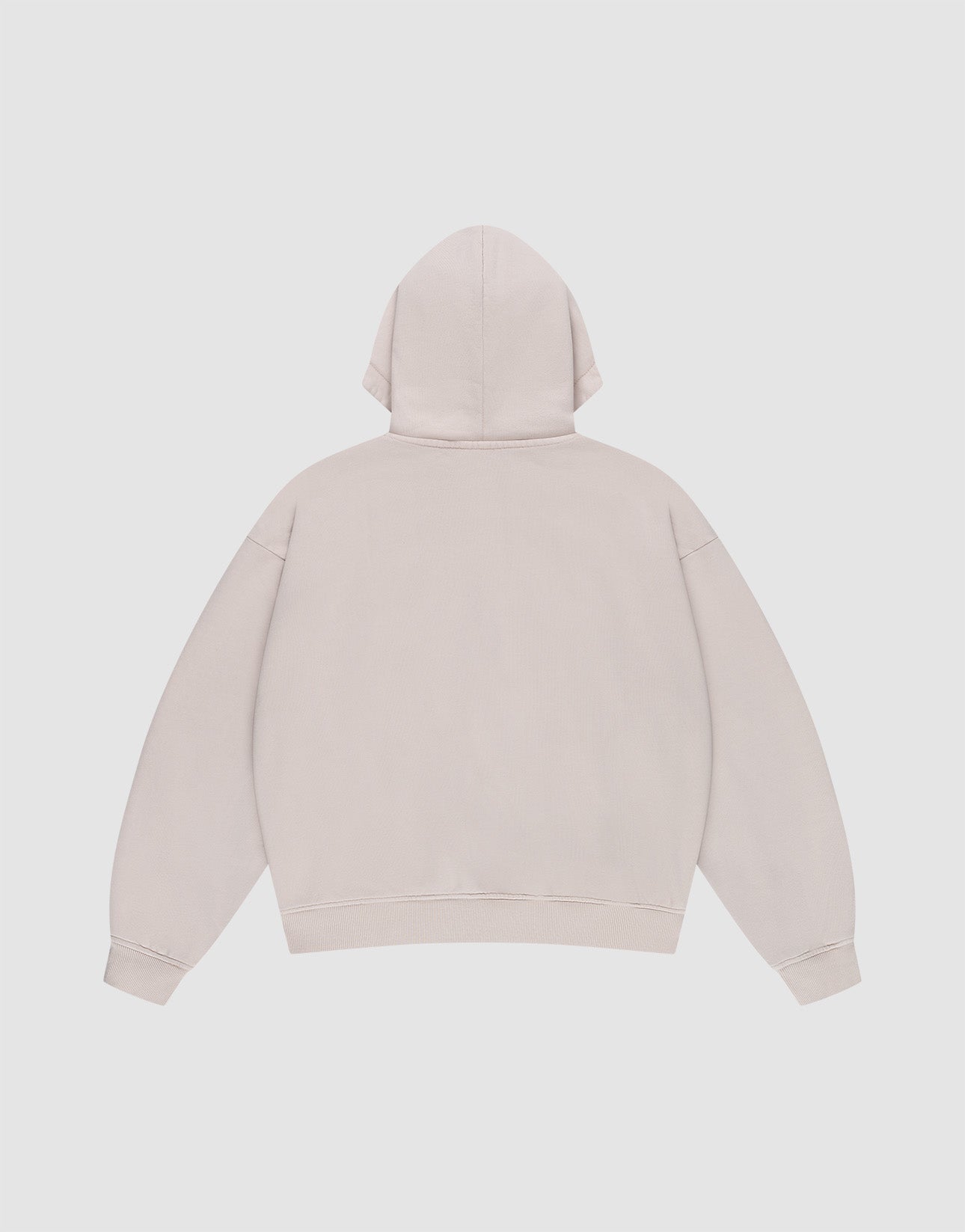 The LIVE FAST DIE YOUNG Ripped College Hooded Zip in Oversize Fit is shown flat from the back, featuring long sleeves, a hood, and ribbed cuffs and hem. Made from 100% Baumwolle for comfort. Color: plain light beige.