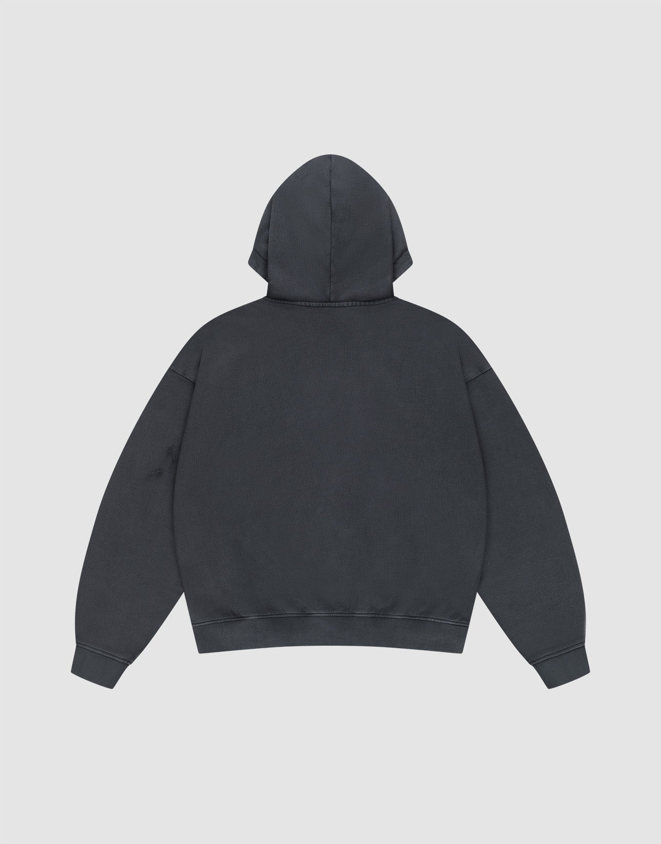 The LIVE FAST DIE YOUNG Ripped College Hooded Zip, in Oversize Fit and 100% Baumwolle, is shown laid flat back-up on a light gray background, highlighting its plain dark gray design with long sleeves and ribbed details.