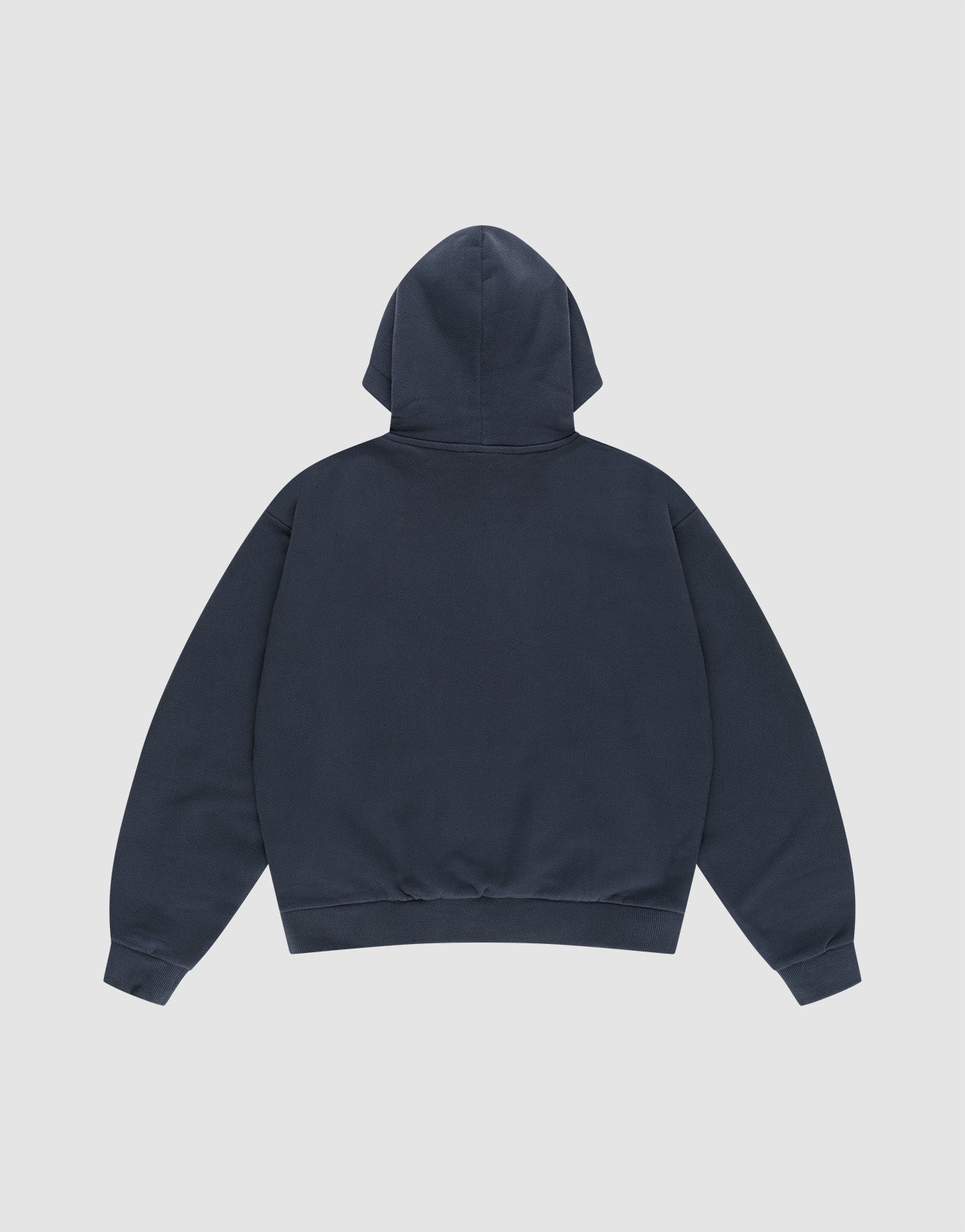 The LFDY Script Hooded by LIVE FAST DIE YOUNG is a plain navy blue sweatshirt made from 100% cotton, shown laid flat with the back up, featuring long sleeves and ribbed cuffs and hem on a light gray background.