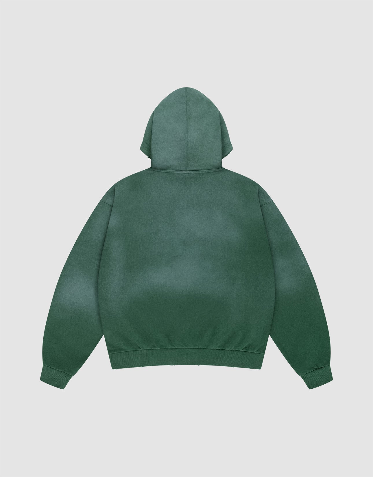 The LIVE FAST DIE YOUNG LFDY Script Hooded sweatshirt in forest green is shown from the back. It features an oversize fit, long sleeves, and ribbed cuffs and hem, displayed against a white background.