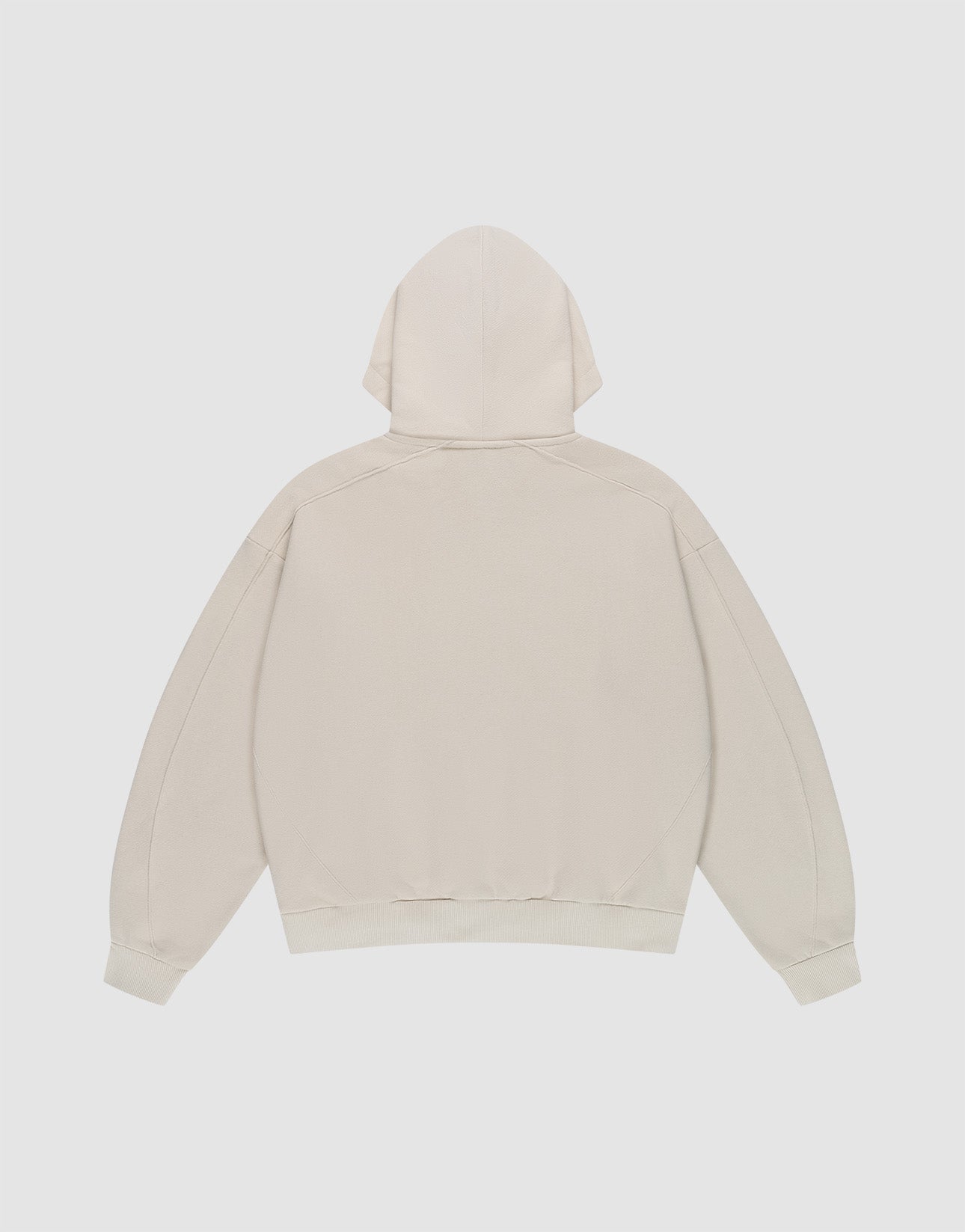 Back view of the LIVE FAST DIE YOUNG LFDY Pleated Hooded Zip in light beige, featuring a hood with drawstring, long sleeves, ribbed cuffs and waistband, made from 100% cotton, shown on a flat white background.