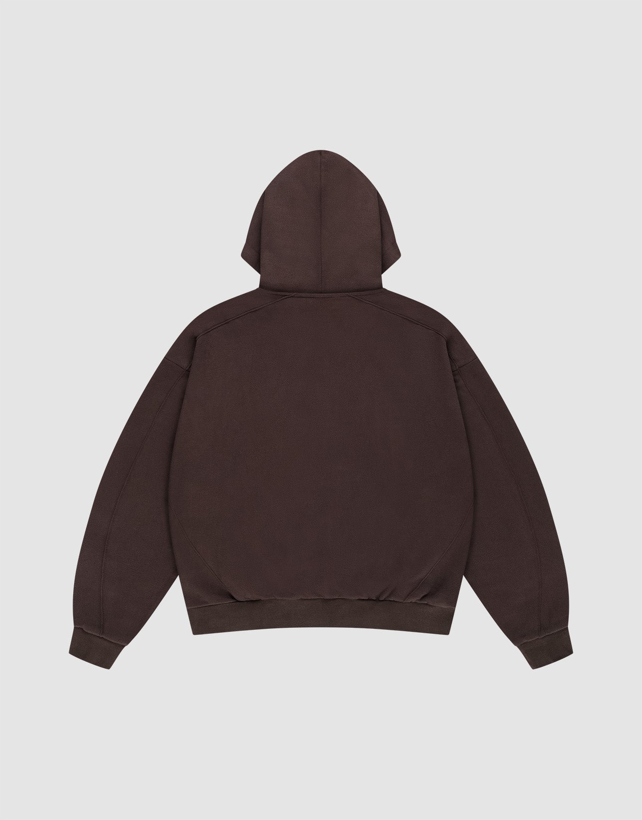 The LFDY Pleated Hooded Zip by LIVE FAST DIE YOUNG, shown flat from the back on a light gray background, features a dark brown color, hood with drawstring up, and sleeves spread out.