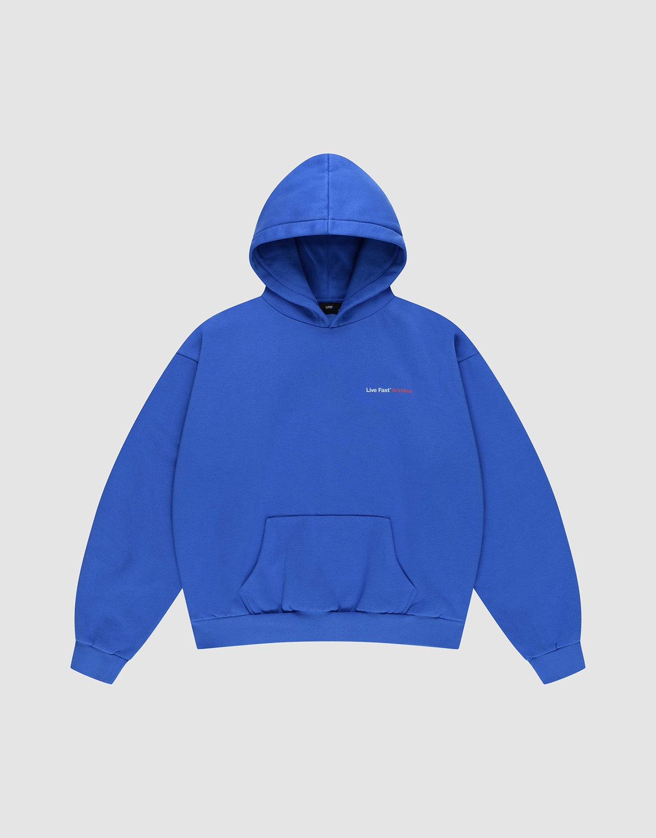 The LFDY F*ck Phones Hooded by LIVE FAST DIE YOUNG is a bright blue oversized hoodie in soft Baumwolle, featuring a front pocket and small chest text. Shown on a plain light gray background.