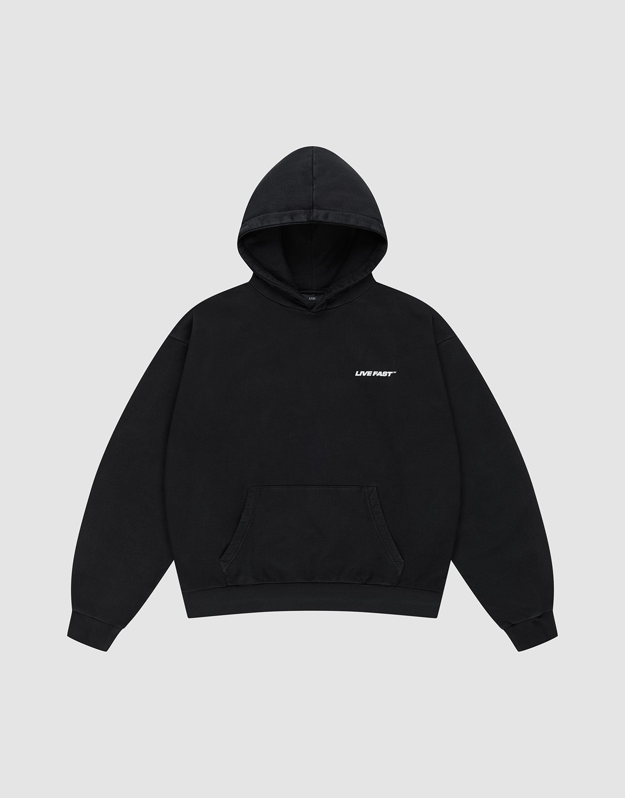 The LFDY Hardwear Hooded by LIVE FAST DIE YOUNG is a black oversized 100% Baumwolle sweatshirt with a front pocket and LIVE FAST in small white letters on the left chest, shown on a light gray background.