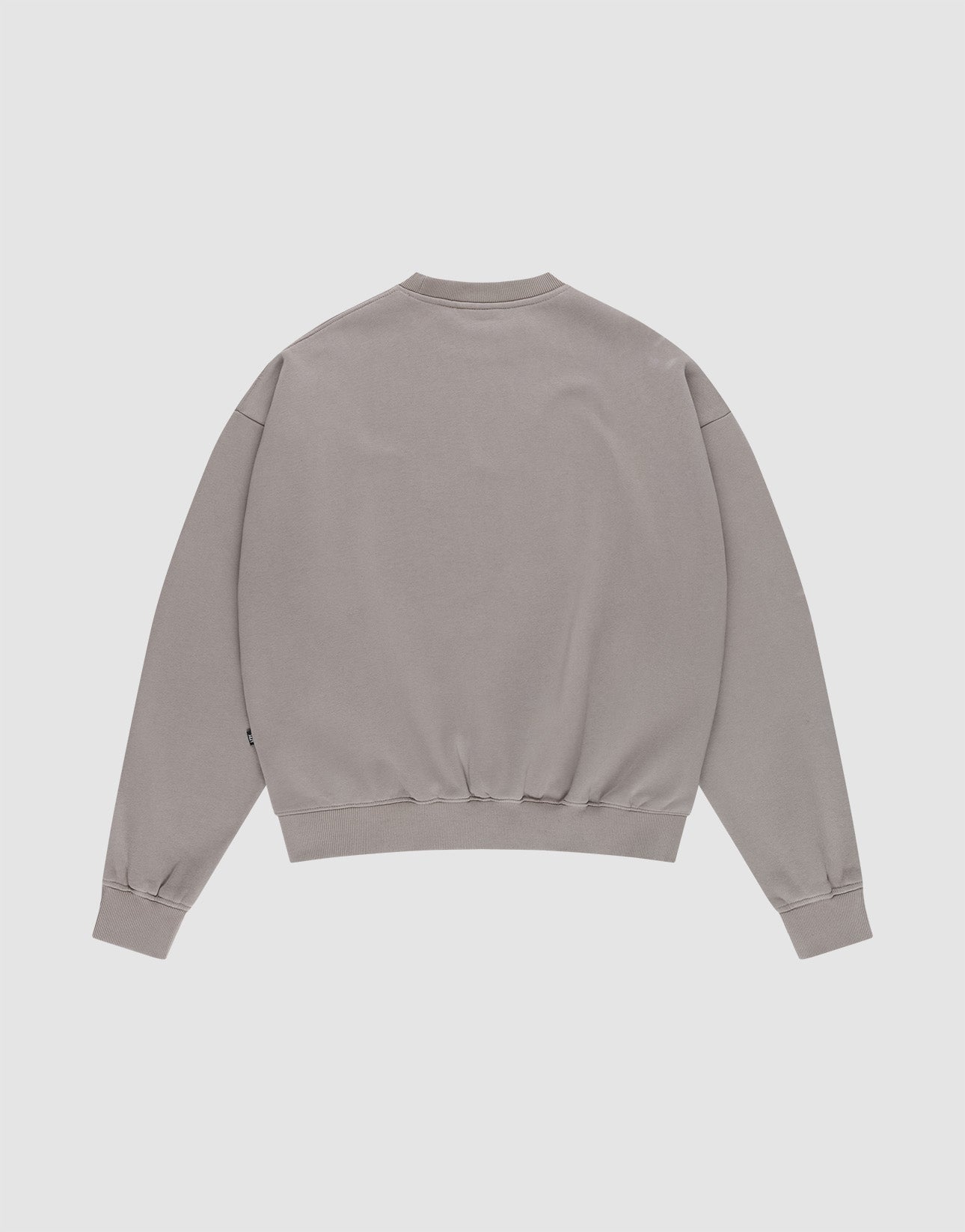 The LIVE FAST DIE YOUNG Basic Blank Sweater is a light gray, oversized, long-sleeve sweatshirt with ribbed cuffs, collar, and waistband, shown laid flat with the back facing up on a white background.