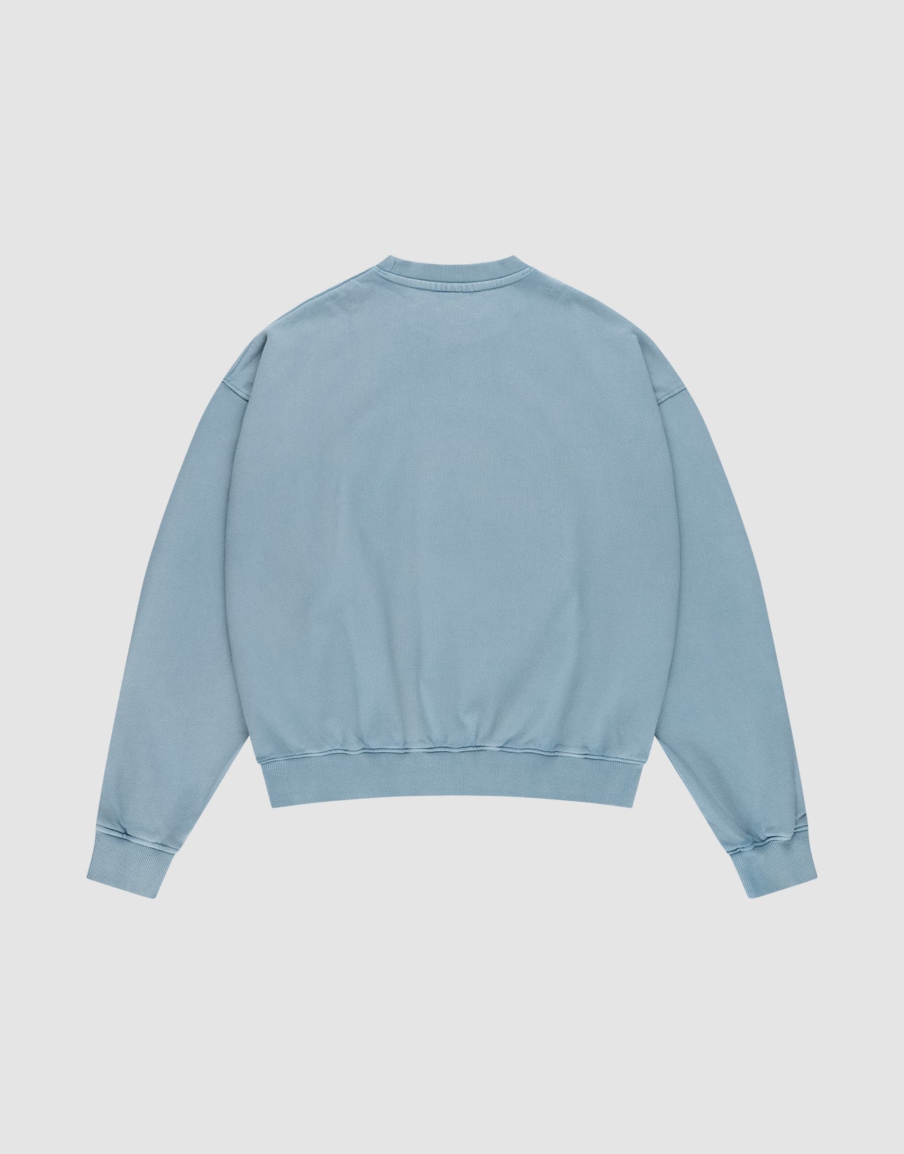 The Ripped College Sweater by LIVE FAST DIE YOUNG is a light blue crewneck with Vintage Waschung and Oversize Fit, shown flat from the back on a plain white background.