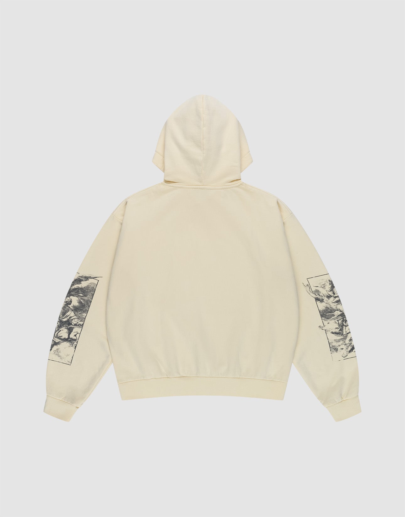 The LFDY Window Hooded by LIVE FAST DIE YOUNG is a cream-colored, oversize fit hoodie shown from the back with black graphics on both sleeves, laid flat on a plain white background.