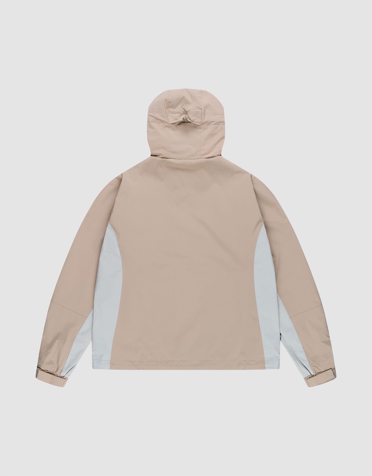 The LIVE FAST DIE YOUNG Basic Shell Jacket features a beige color, light gray side panels, long sleeves, and an Oversize Fit. Shown from the back against a plain white background.