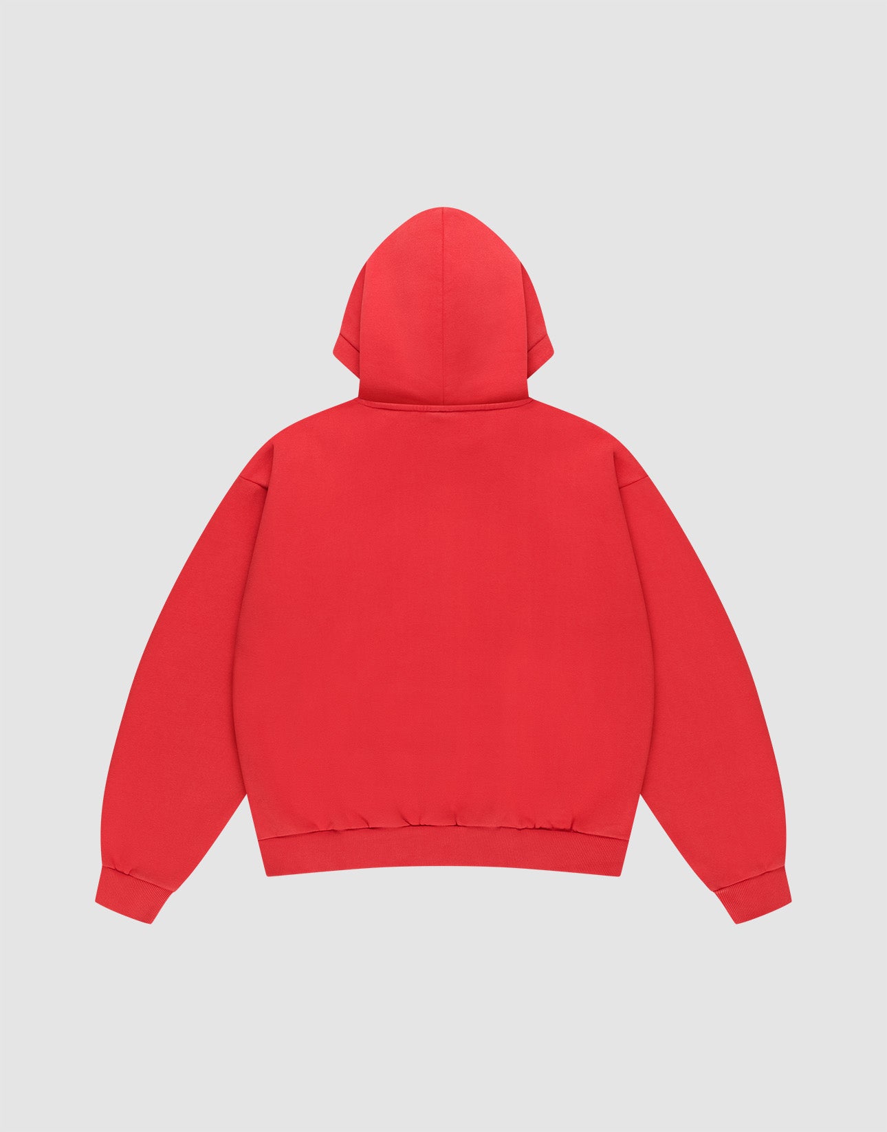 The Live Fast Fractured Hooded by LIVE FAST DIE YOUNG is a plain red oversize fit hoodie with long sleeves, ribbed cuffs and waistband, and a double-layer hood, made from a cotton polyester blend. Shown from the back on a light gray background.