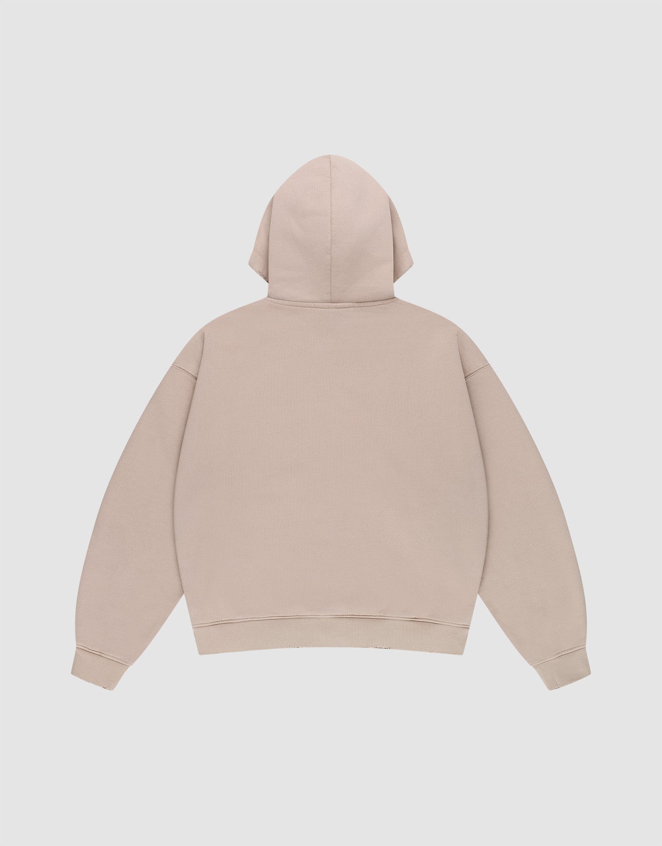 The LFDY Double Hooded Zip by LIVE FAST DIE YOUNG is displayed flat on a white background from the back. This beige hoodie features long sleeves, a relaxed fit, and a cozy Waffle Innenfutter for added comfort.