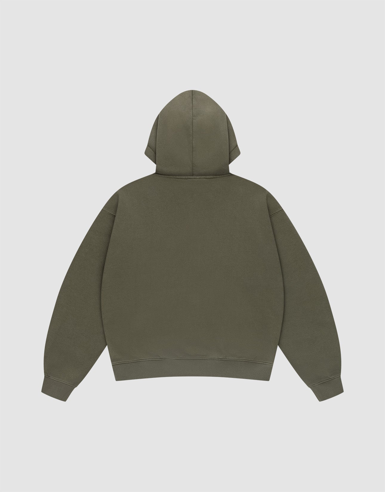 The LIVE FAST DIE YOUNG Live Fast Sweatsuit Jacket in olive green is shown flat on a white background, highlighting its oversized fit, hood, long sleeves, and relaxed silhouette from the back view.