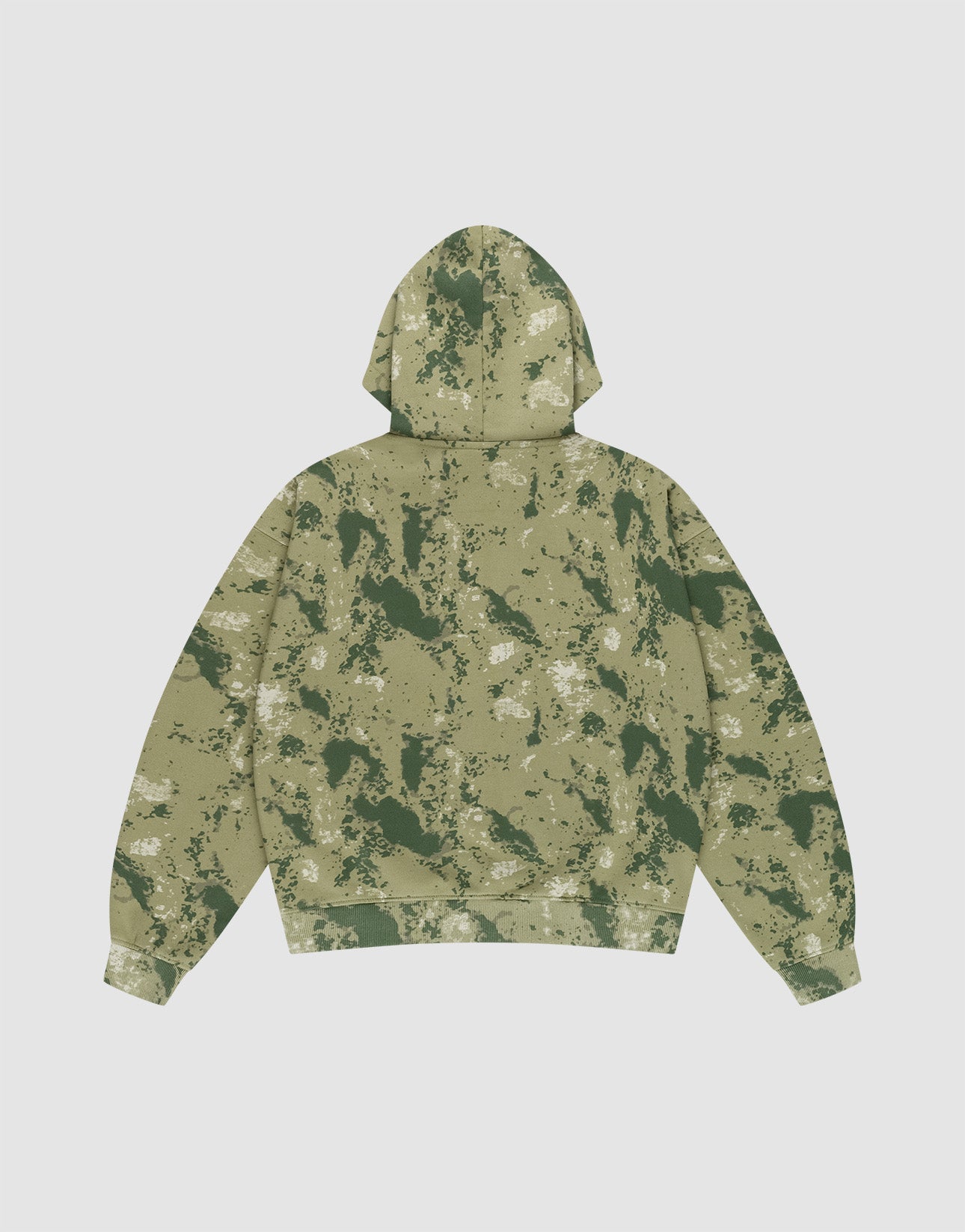 The LIVE FAST DIE YOUNG Camo Hooded Zip features a green and beige camouflage pattern and Oversize Fit, shown from the back against a plain white background.