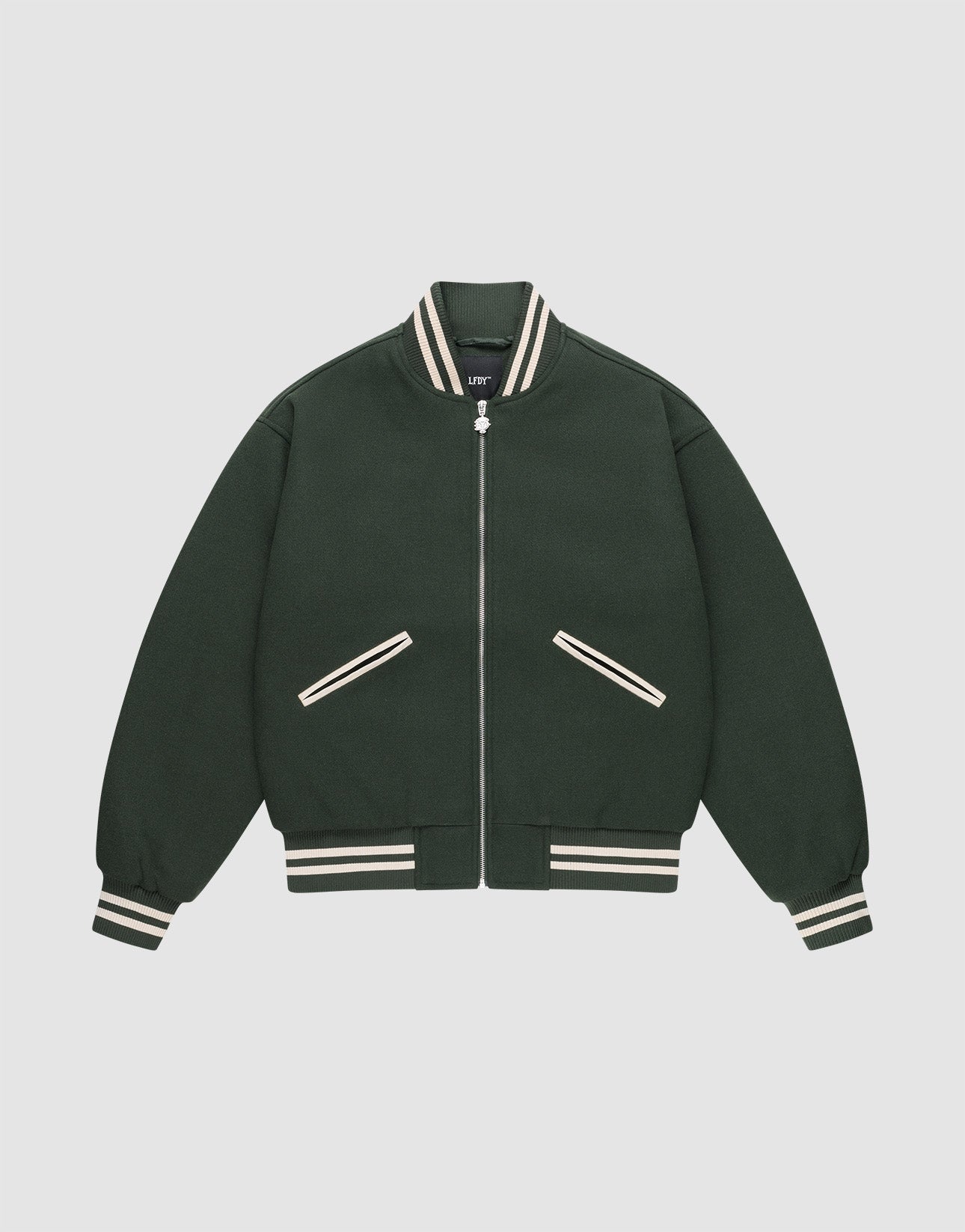 The Live Fast College Jacket by LIVE FAST DIE YOUNG is dark green with white trim, a DY-Reißverschluss zipper, two diagonal pockets, and stylish Rückenstick detail for extra flair.